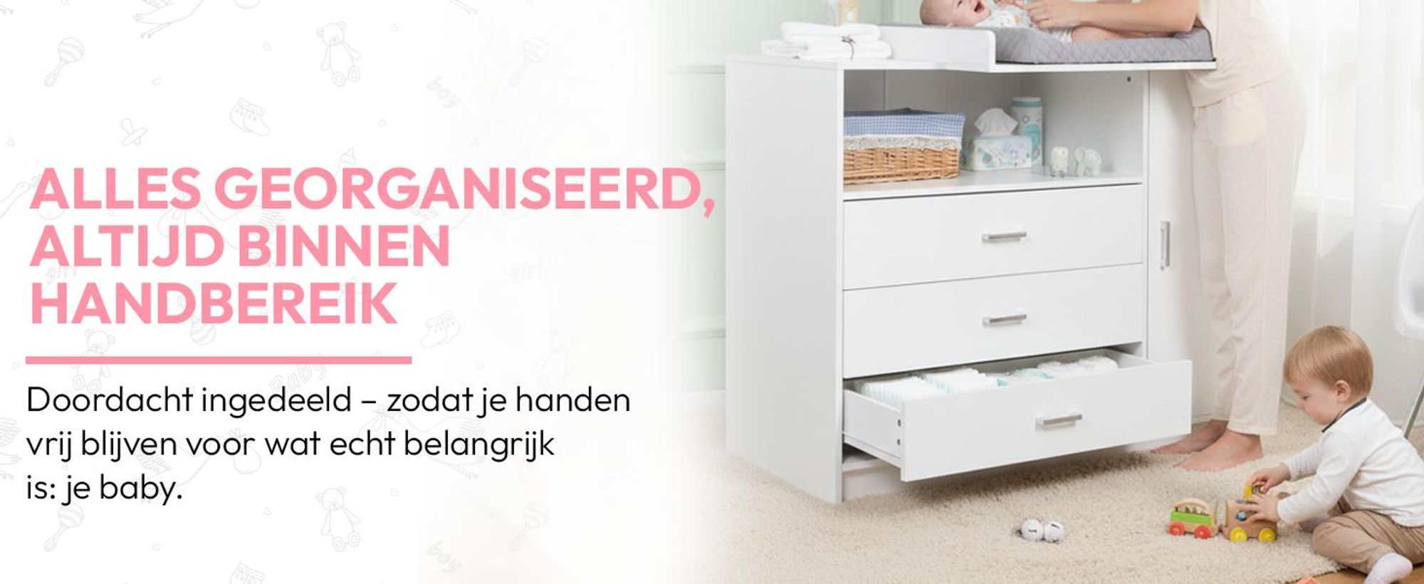 Commode met verschoningstafel, babycommode van hout met verschoningselement, 3 lades, 1 deur, 100 cm hoog, wit. Afmetingen verschoningstafel: 113 x 100 cm