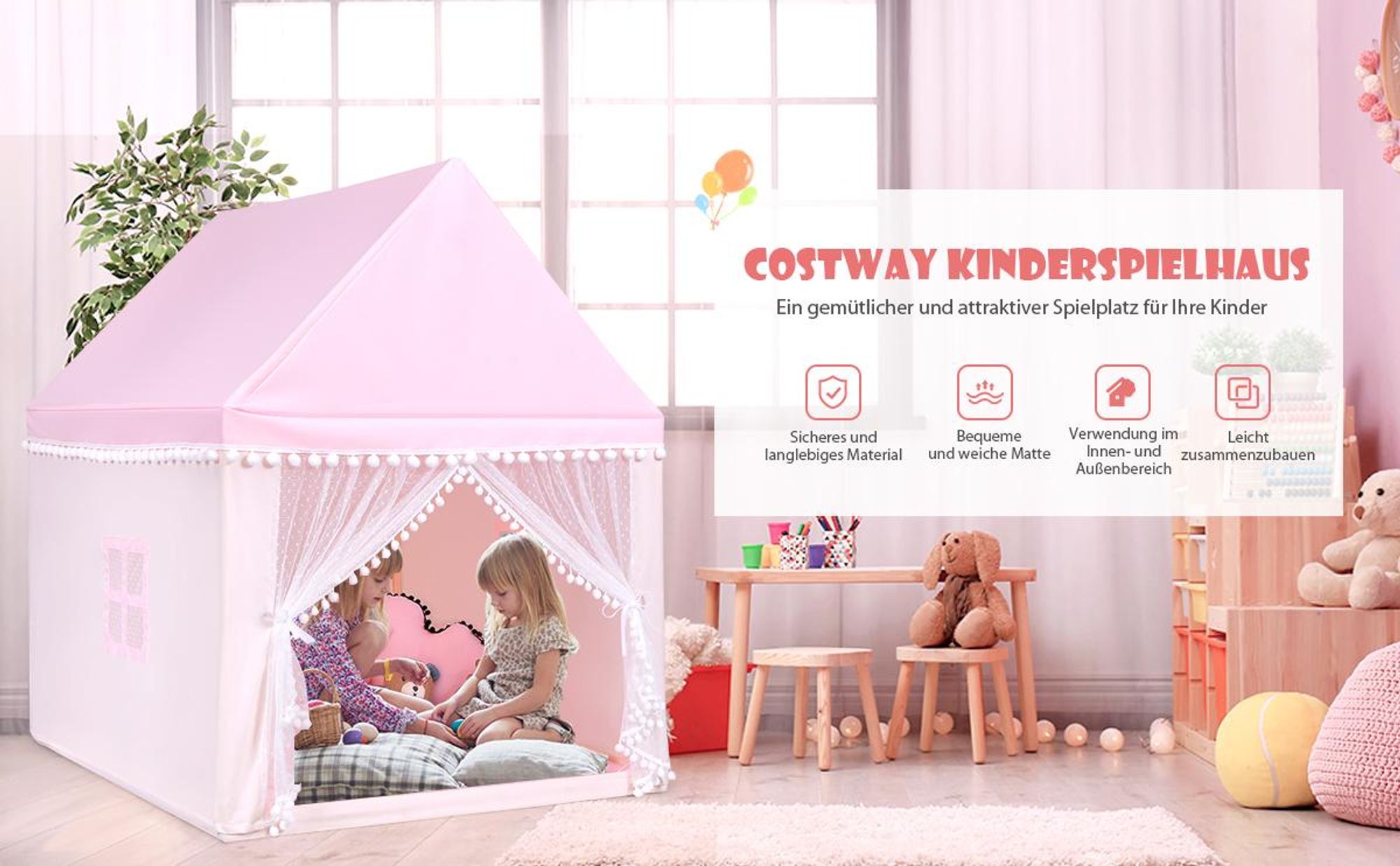 COSTWAY Kinderspielhaus Kinderzelt, Kinderspielzelt für 3-4 Kinder Spielhaus mit Massivholzrahmen & Baumwolldecke 120x105x140cm Blau
