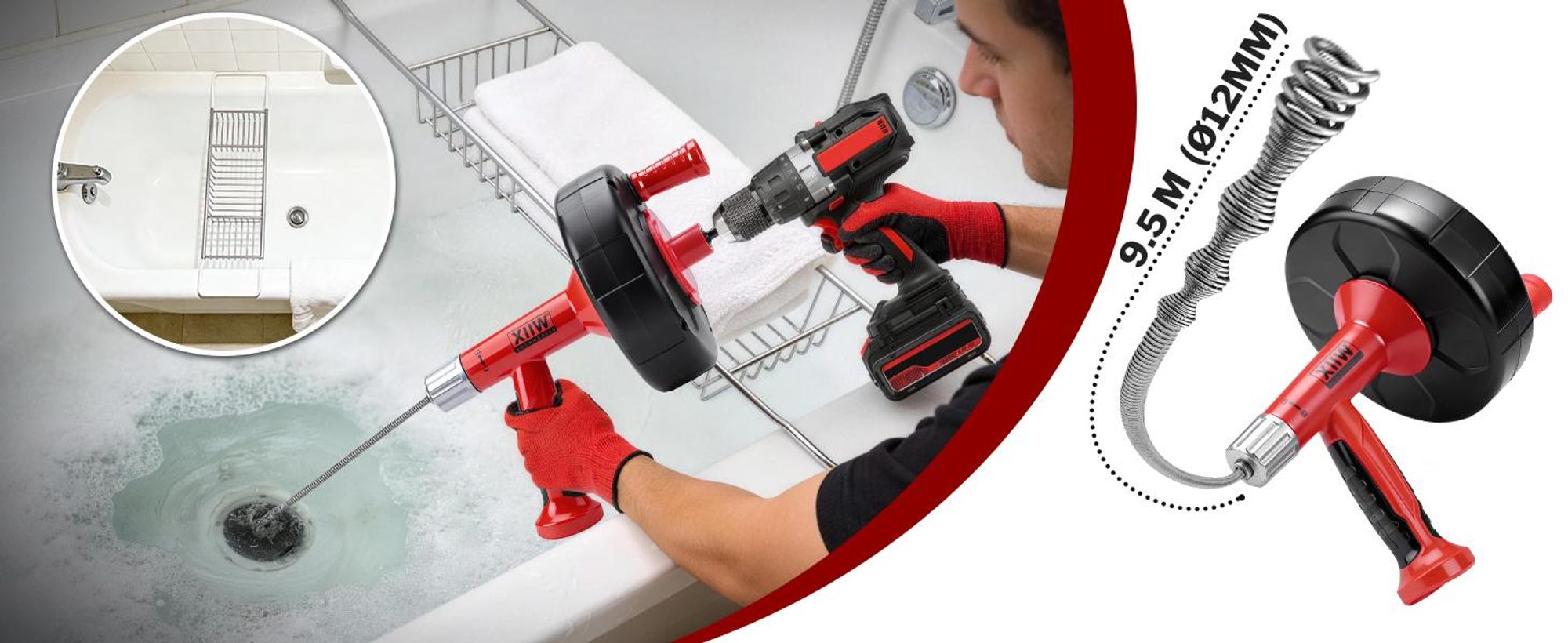 9.5M/Ø12mm Rohrreinigungsspirale Rohrspirale 2-in-1 Manuell & Bohrerantrieb Reinigungsspirale Für Rohr≤ Ø80mm Badewanne Waschbecken Bodenablauf Ablauf