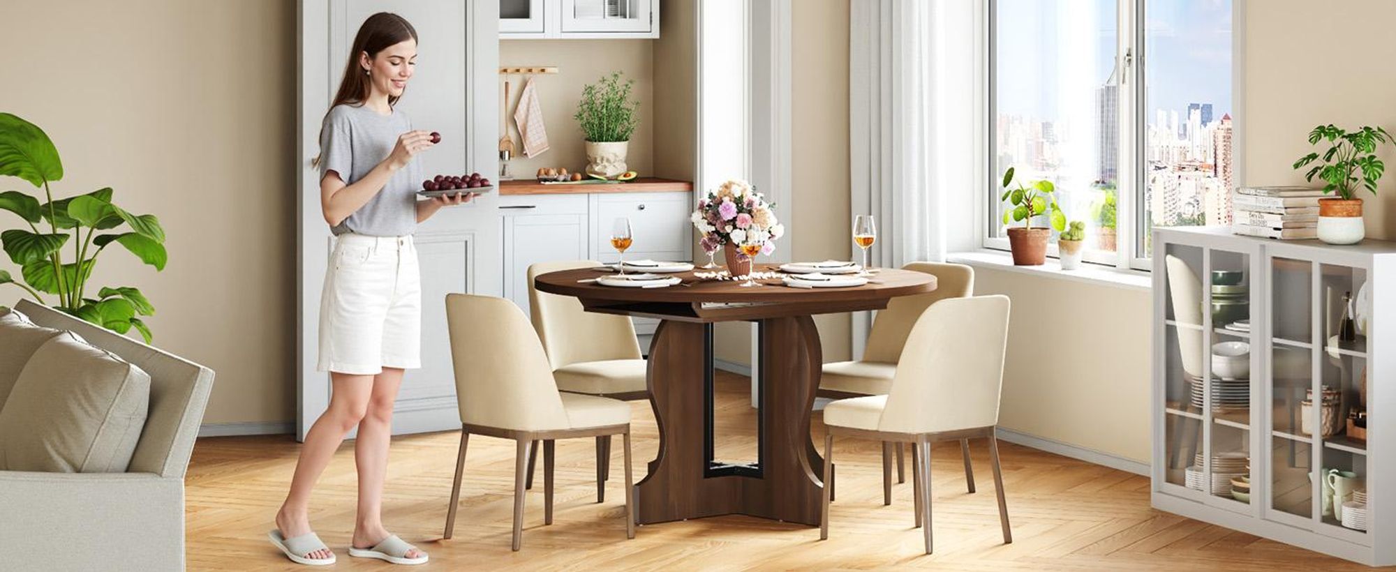Mondeer Ausziehbarer runder Esstisch 110-150 cm oval mit massivem Holzgestell und intelligentem Auszugsystem für Küche & Wohnzimmer in Walnuss