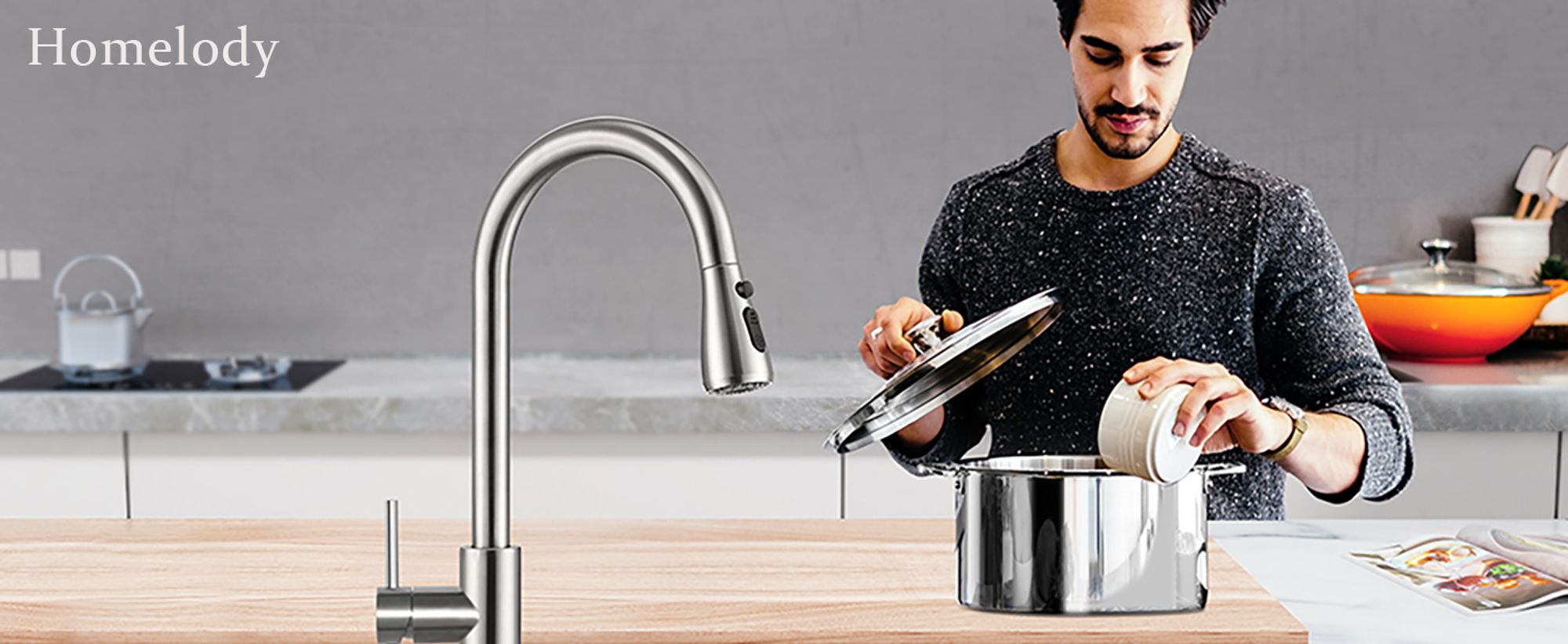 Homelody Wasserhahn Küche Edelstahl,Küchenarmatur 360°Schwenkbar,Armatur Küche 3 Strahlarten Geschirrbrause,Hochdruck Mischbatterie Küche mit Brause