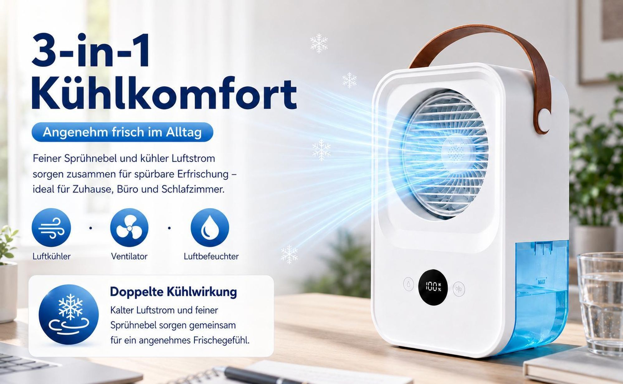Mobiler 3-in-1 Luftkühler mit integriertem Akku, kabelloser Tischventilator mit Sprühnebel, 4 Windstufen für schnelle Erfrischung