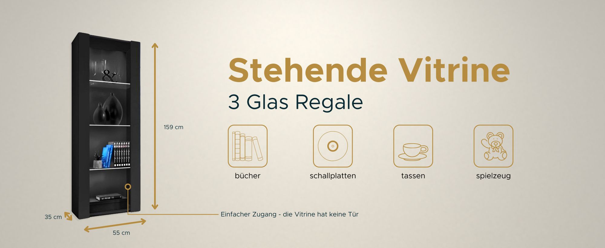 Komodee | Wohnwand mit TV-Schrank und Vitrine Tivoli Set Medio, Korpus Schwarz Matt Frontfarbe Schwarz Matt, ohne LED