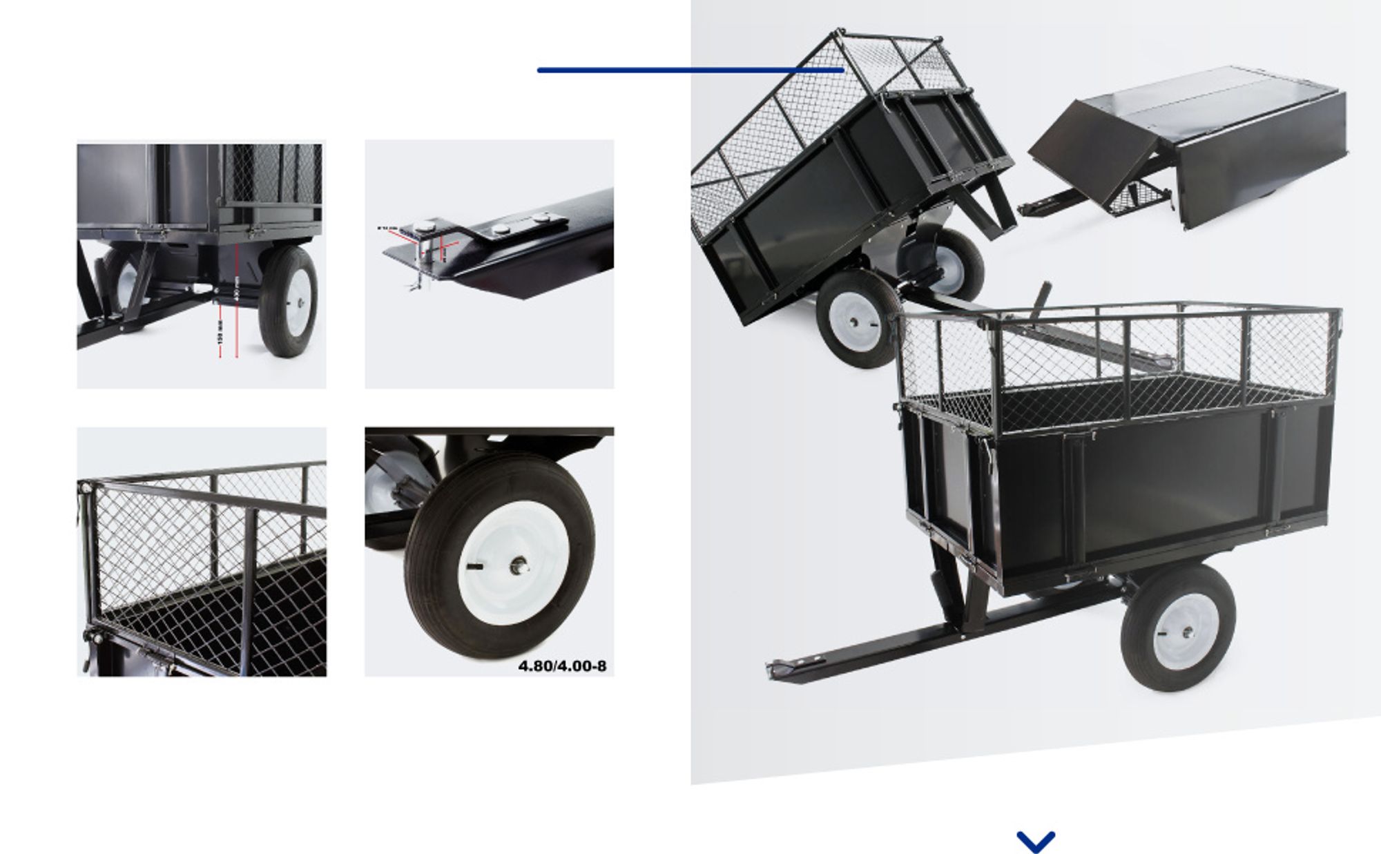 Wiltec Kippanhänger 166,5 x 77,5 x 106 cm 300 kg, Anhänger Kipper für Rasentraktor mit Gitter u. abnehmbaren Seitenwänden, Anhänger mit Kippfunktion