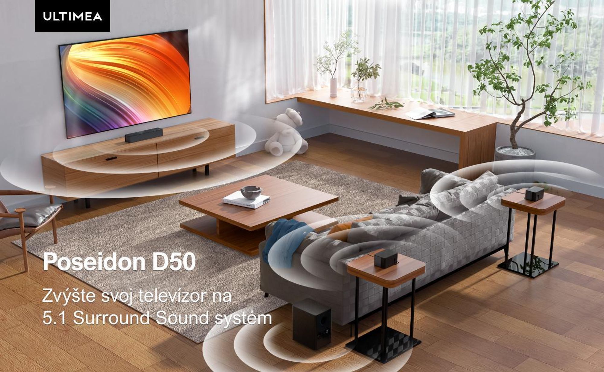 ULTIMEA 5.1 Surround Soundbar 320W, virtuálny priestorový systém, Soundbar so subwooferom a zadnými reproduktormi, priestorové a basové nastavenie domáceho kina