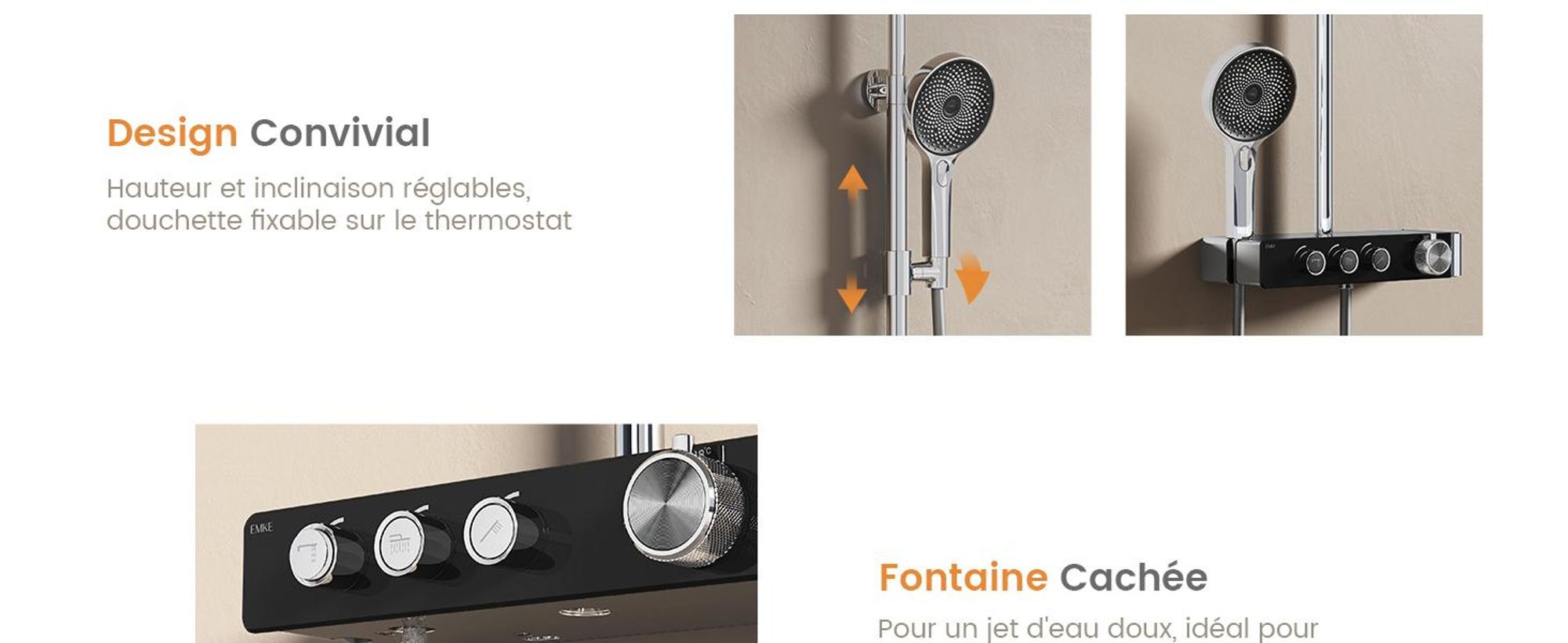 EMKE Système de douche avec thermostat Chrome Débit d'eau réglable 260mm Rond Douche à effet pluie, départ & bec de baignoire F28
