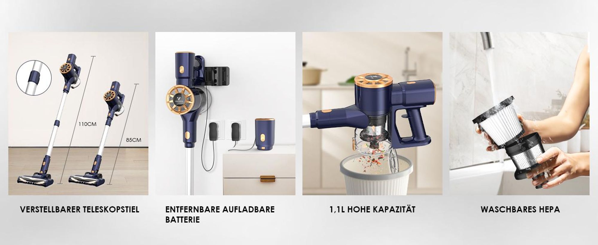 Akku Staubsauger 60000Pa, 350W Saugkraft, 55Min Laufzeit, LED Anzeige, HEPA Filtersystem, Teleskoprohr, ideal für Teppiche, Böden & Tierhaare