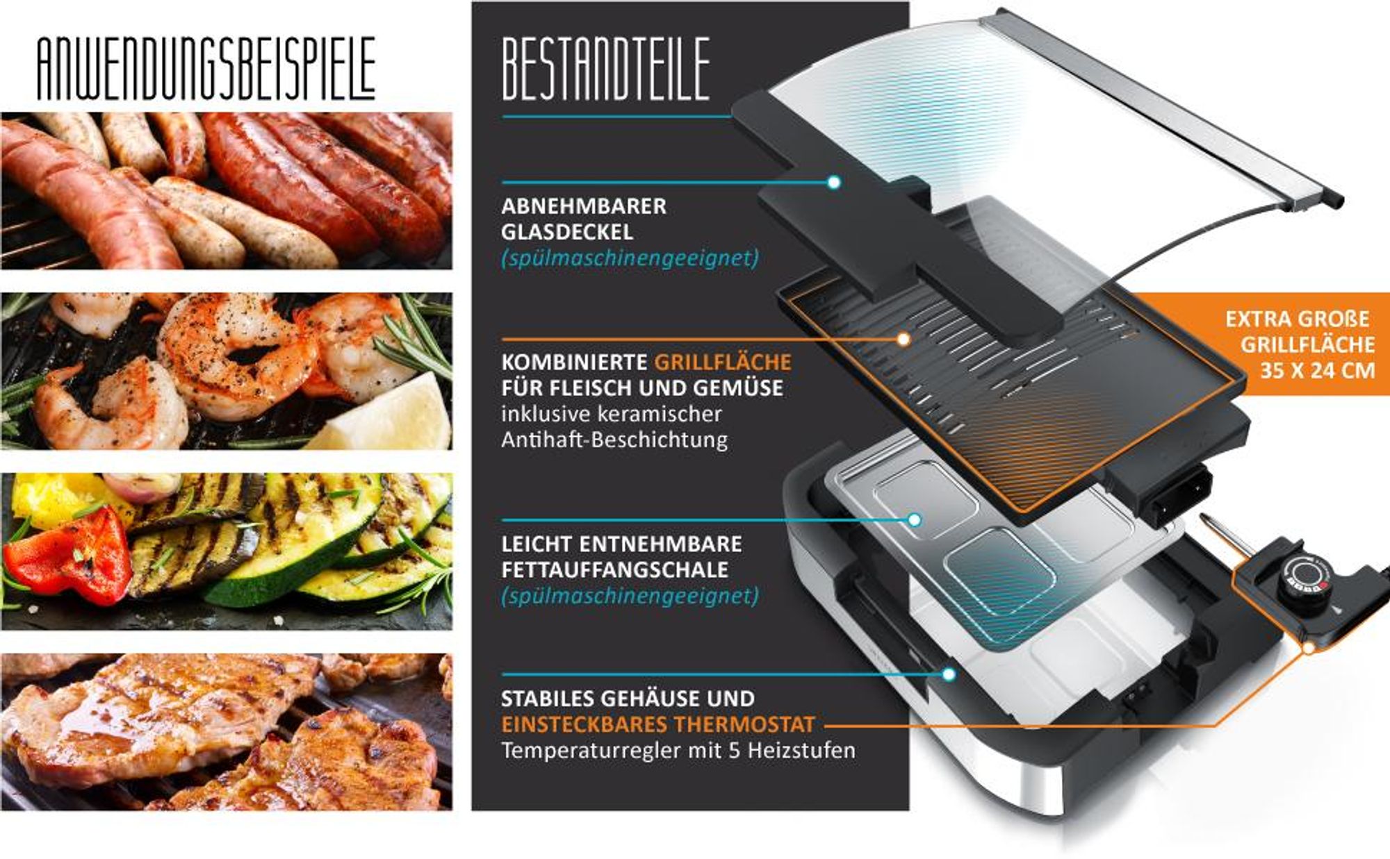 Arendo Gourmet Tischgrill mit Glasabdeckung - Elektrogrill - Barbecue - für Steaks, Würstchen, Fisch, Meeresfrüchte, Gemüse, Pilze u.v.m. - für Balkon, Garten, Indoor