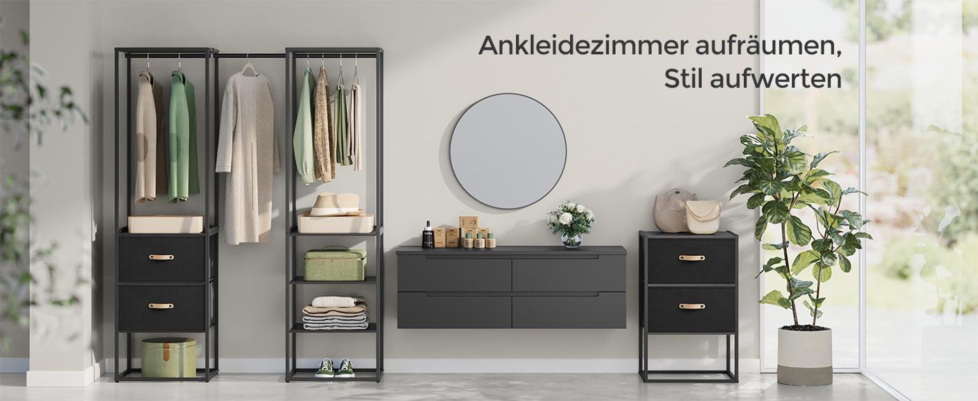 SONGMICS Kleiderständer, mit 1 ausziehbare Stange, 2 Schubladen, 4 Ablagen, hochbelastbar, platzsparend, Ebenholzschwarz