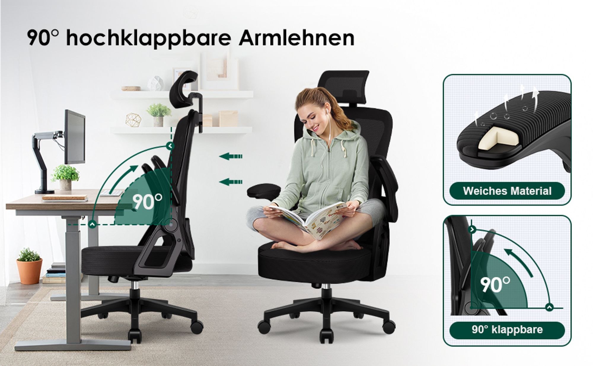 Aiibot Bürostuhl, Ergonomischer Bürostuhl, Schreibtischstuhl mit Kopfstütze, Große Armlehnen Bürostuhl, Drehstuhl, Chefsessel, Belastbarkeit 150kg