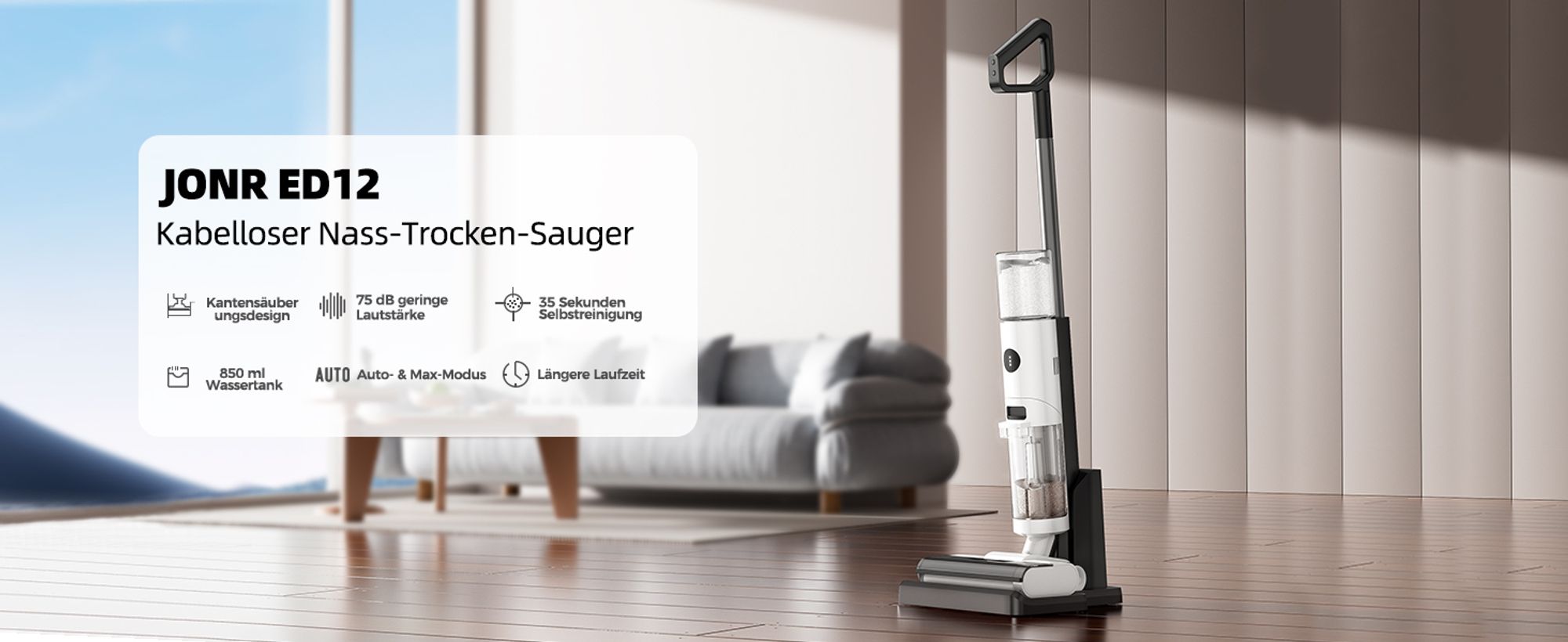 JONR ED12 Nass Trockensauger, 800mL Wassertank, 35-Minuten, Kantenreinigungsbürste, automatische Reinigungsfunktion für Hartböden