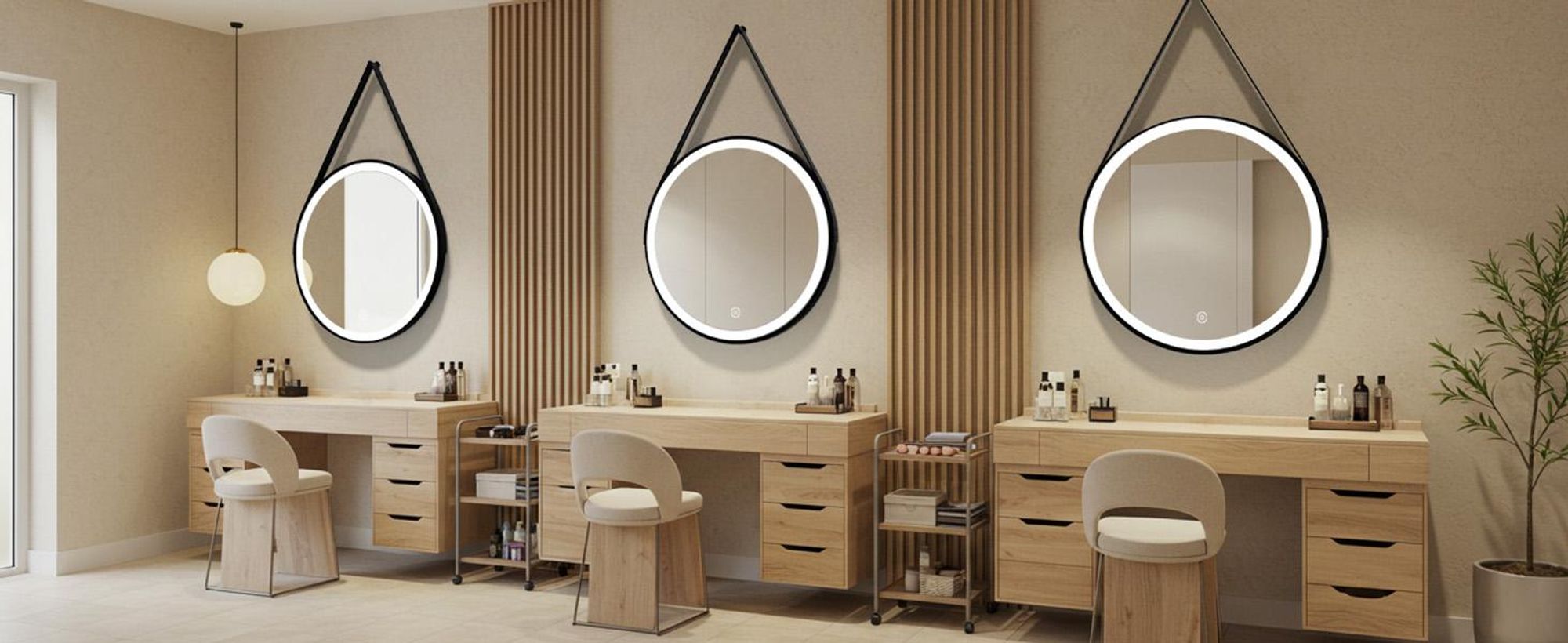 S'AFIELINA Specchio da bagno da 60 cm con illuminazione Specchio da bagno rotondo a LED con luce bianca fredda e tattile Cornice nera Cintura in pelle regolabile