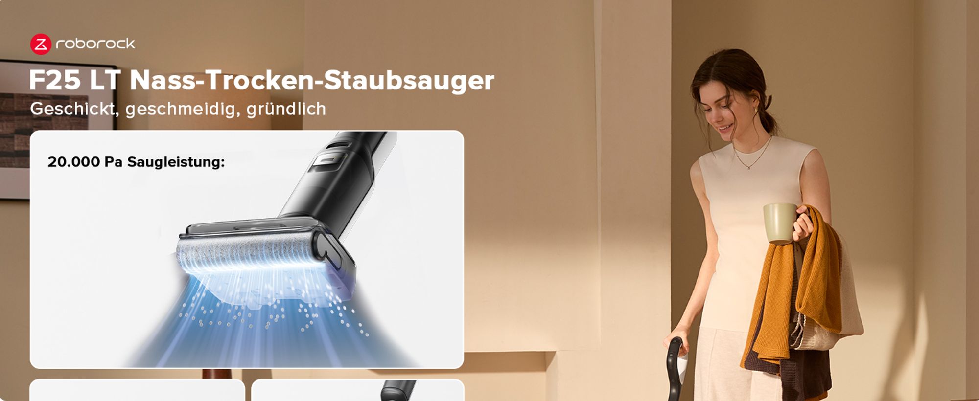 Roborock F25 LT Nass-Trocken-Sauger 20K Pa, 90°C 5min Hochtemperatur-Selbstreinigung & und schnelle Heißlufttrocknung,180° flachliegende, streifenfrei