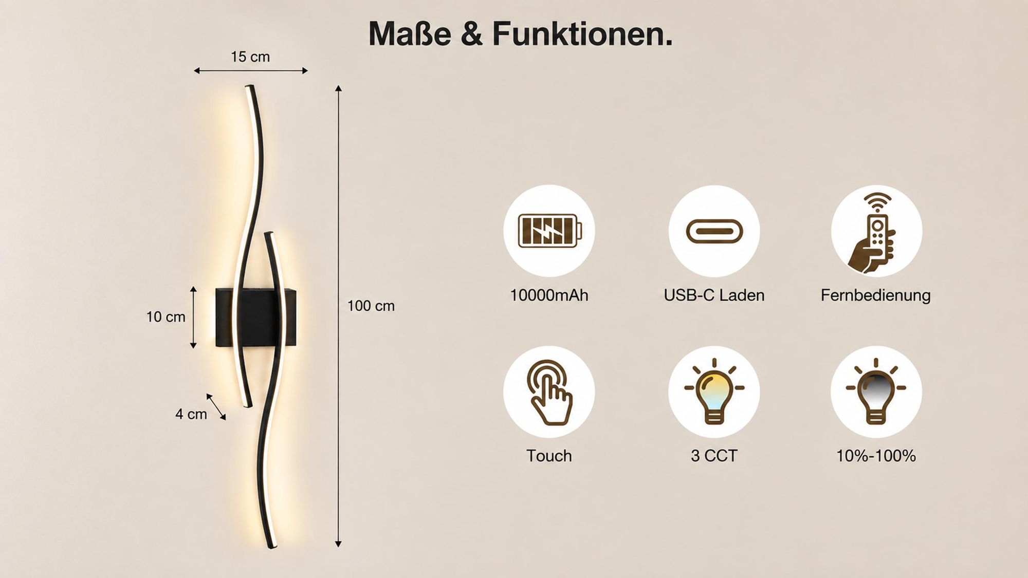Akku Wandleuchte Innen 100cm 1Stk, Kabellos Wandlampe Schwarz mit Fernbedienung & Schalter 10000mAh Dual-Seitenlicht Flur Treppenhaus Schlafzimmer