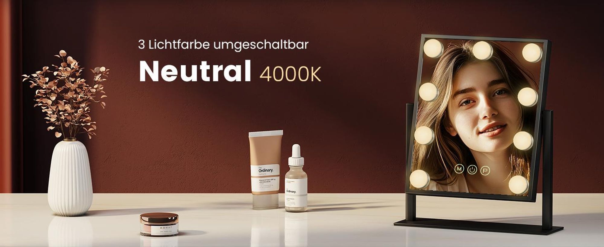 EMKE Hollywood Kosmetikspiegel 85x364x475mm mit 7x Vergrößerungsspiegel, Schwarz Schminkspiegel mit intelligent Touchscreen und 3 Lichtfarben, 12 Dimmer-LED-Leuchten, 360° drehbar und Memory-Funktion