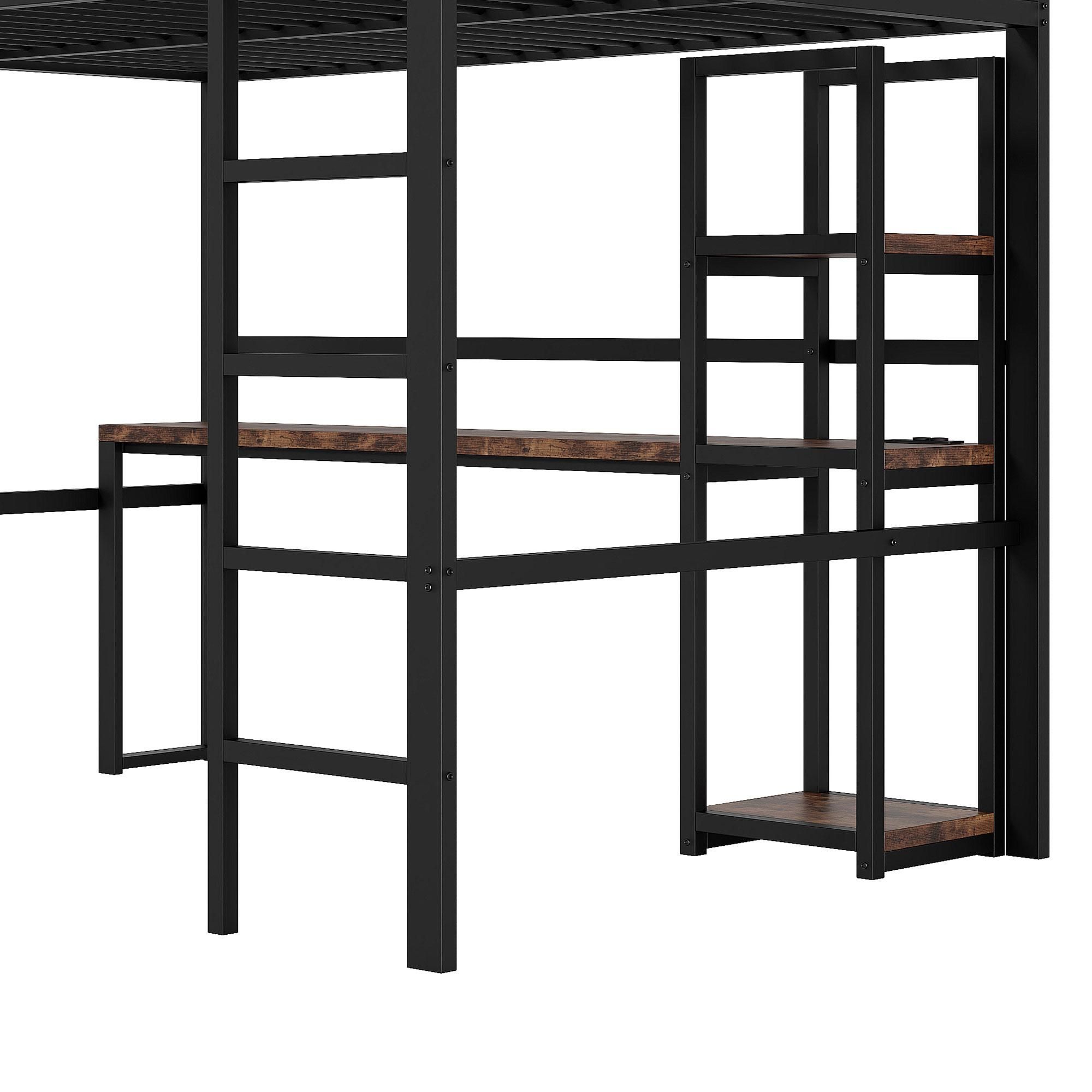 Merax Etagenbett 140x200cm, mit Schreibtisch, Regalen, Geländer, USB & Type-C, Eisenrahmen, Hochbett, Jugendbett, Metall Stockbett, Schwarz