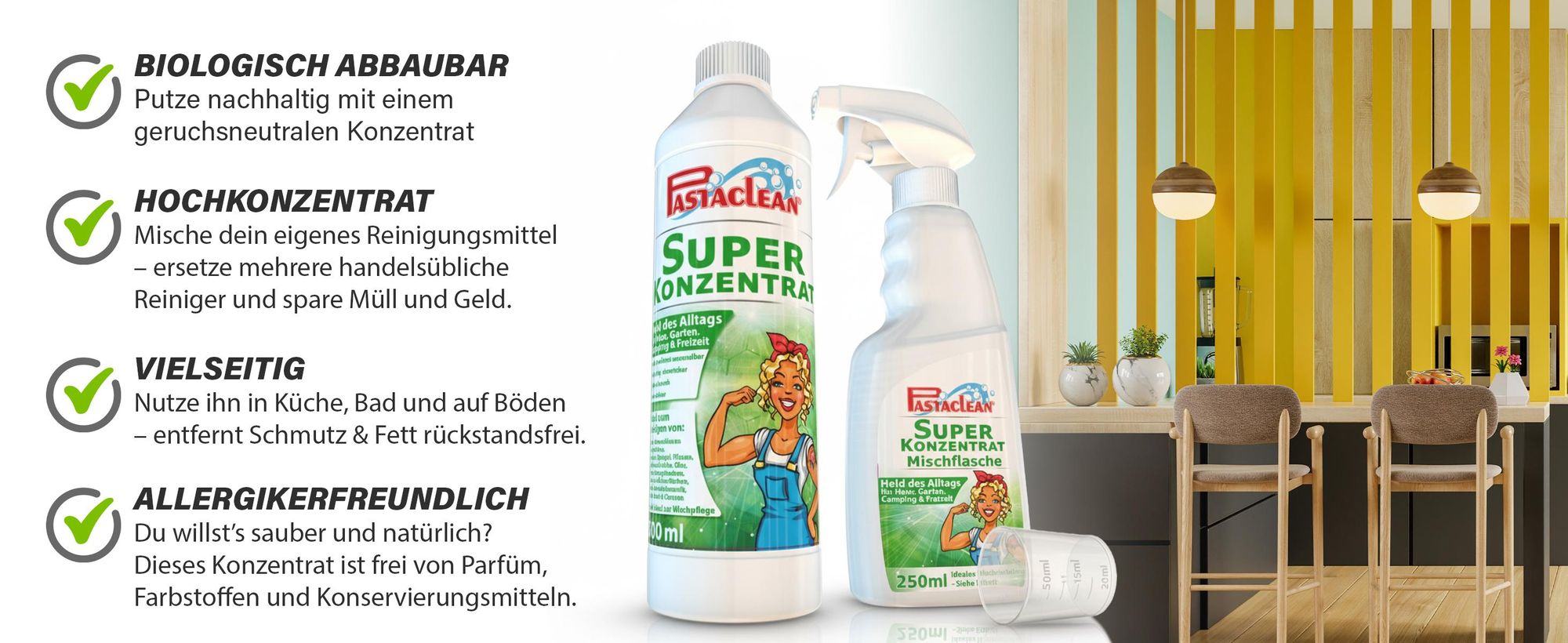 Pastaclean Super Konzentrat - Kraftvoller Allzweckreiniger 2x500ml Set mit Sprühflasche | Starker Fettlöser, Schmutzlöser, Küchenentfetter