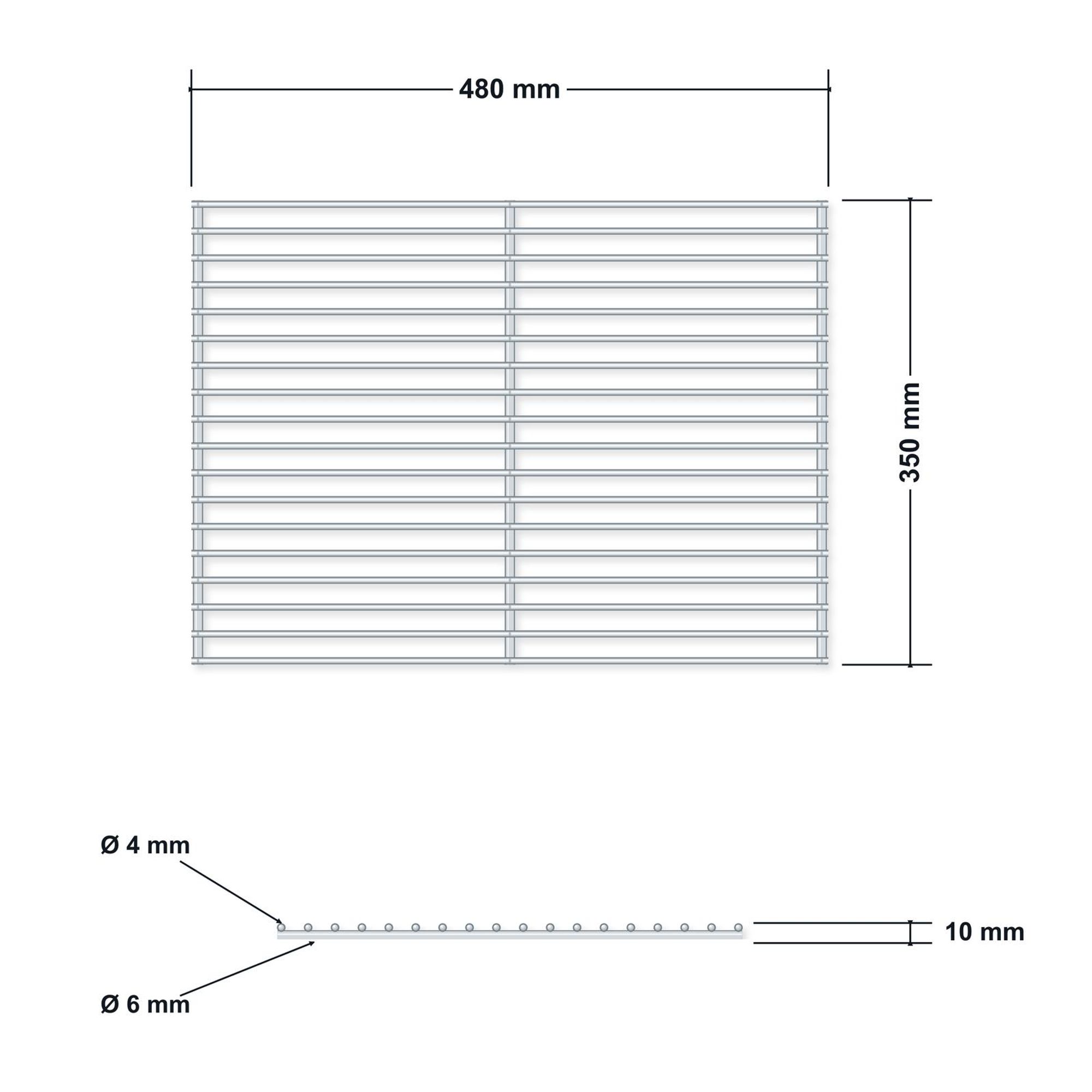 Ruszt grillowy ze stali nierdzewnej 48 × 35 cm – rysunek techniczny