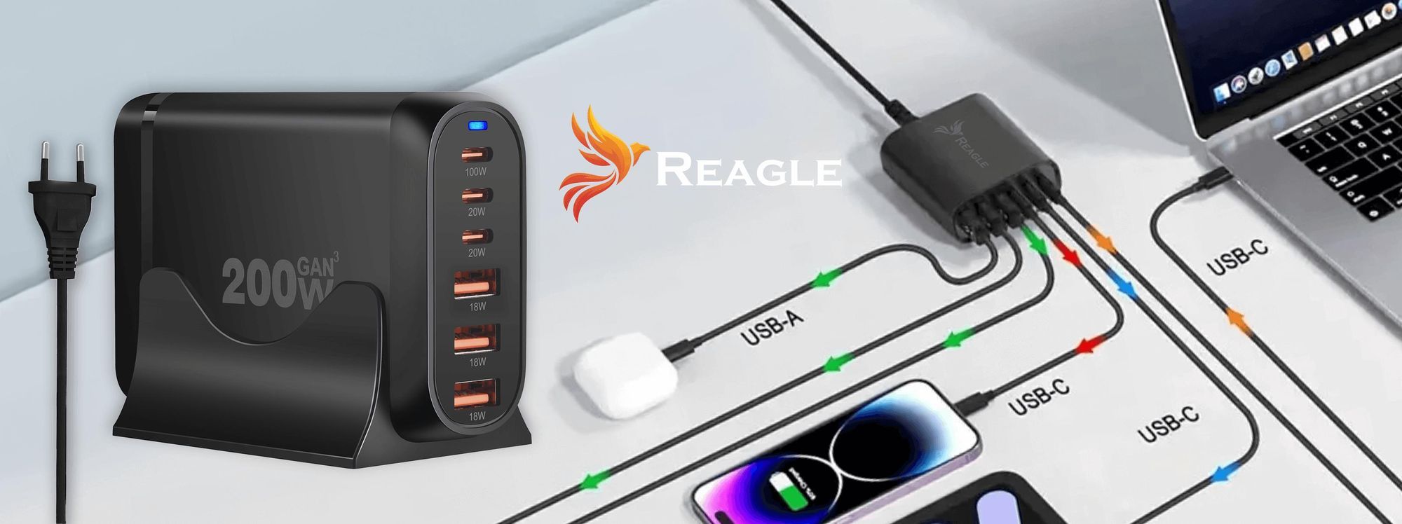 200W GaN Ladestation 6 Ports USB C PD 100W USB A QC 3.0 Schnellladegerät für MacBook Pro Laptop Smartphone Tablet PC Netzteil mit Ladestation Schwarz