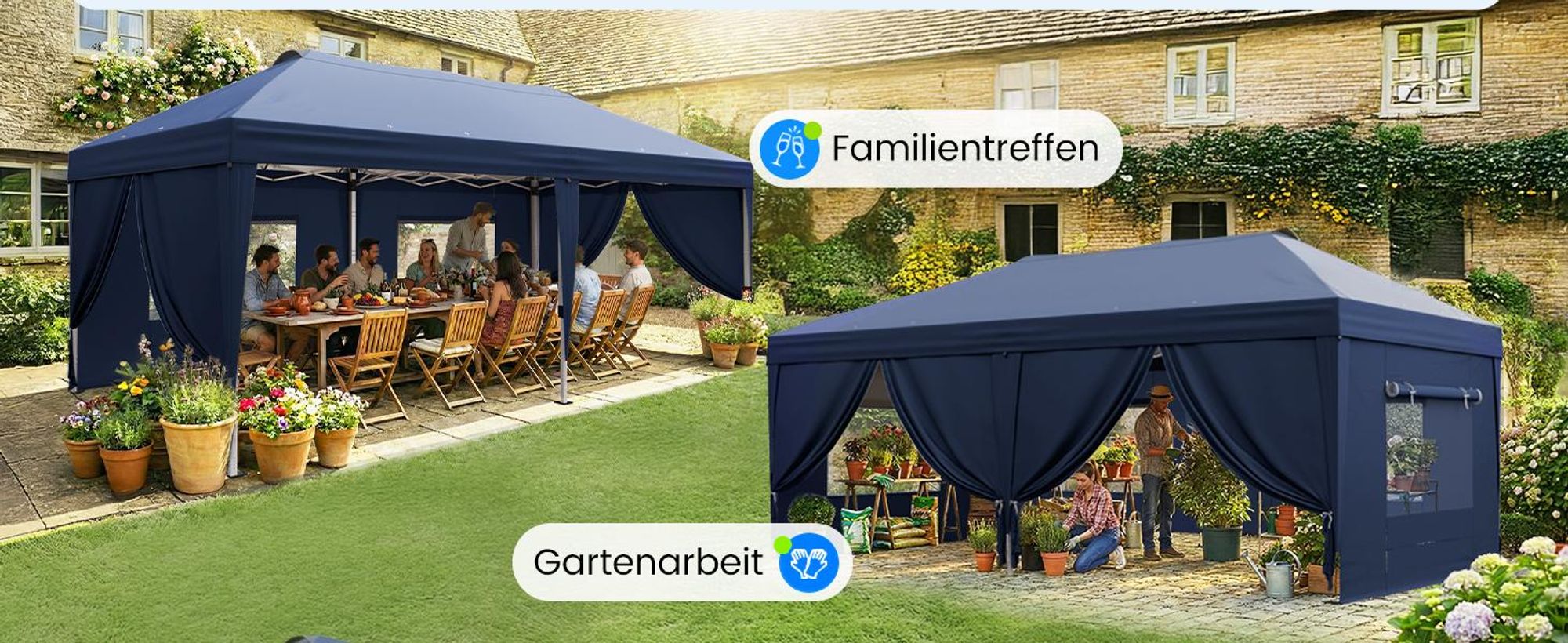 Quictent Pavillon 3x6m Faltpavillon EIN-Tasten-Zentralverriegelung,Wasserdicht UV-beständig, Gartenpavillon faltbar mit 6 Seitenwänden, Blau