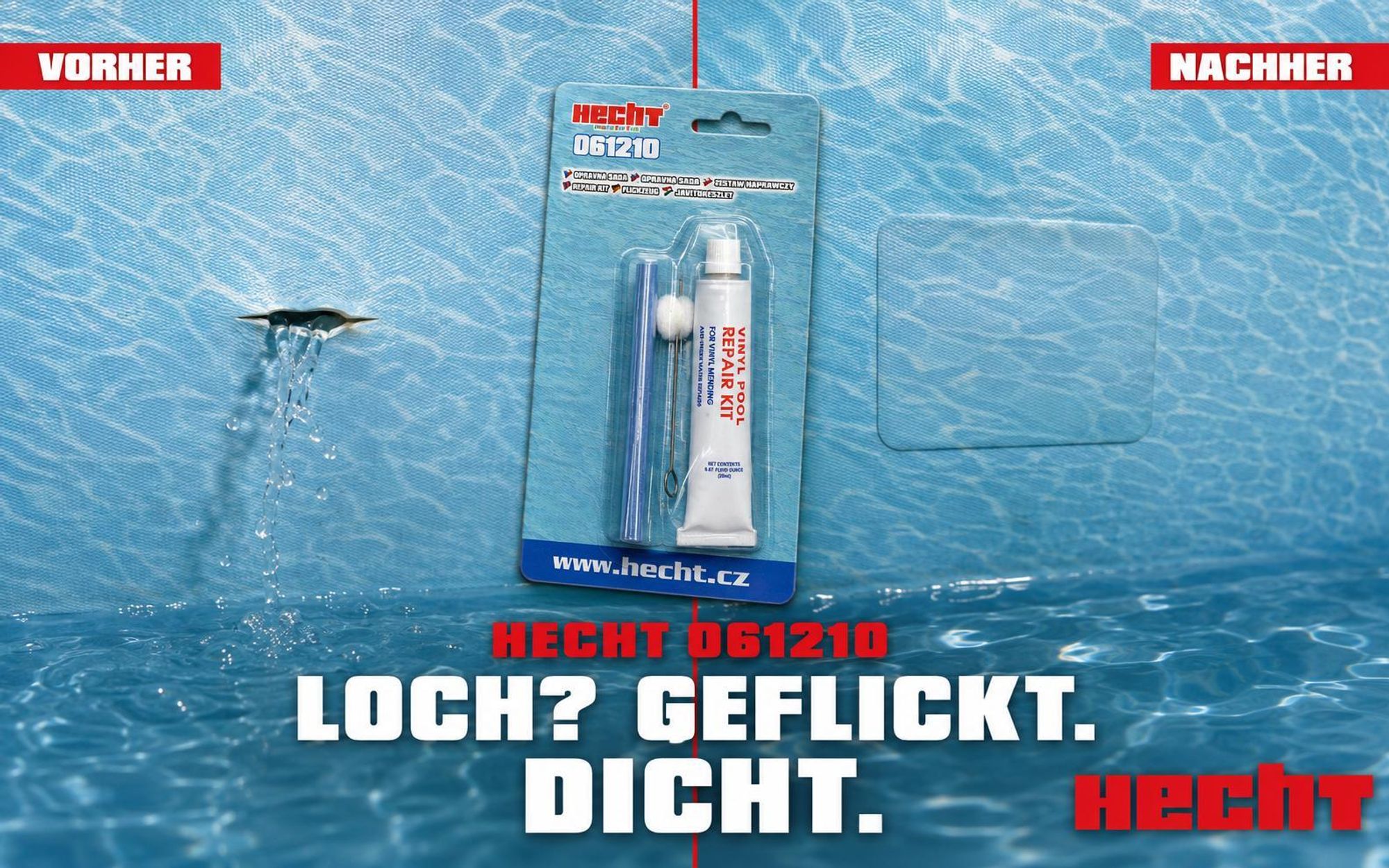 HECHT Pool Reparaturset | Unterwasser-Reparatur für Pools | Inkl. Klebstoff & Patches | Reparatur ohne Wasser ablassen