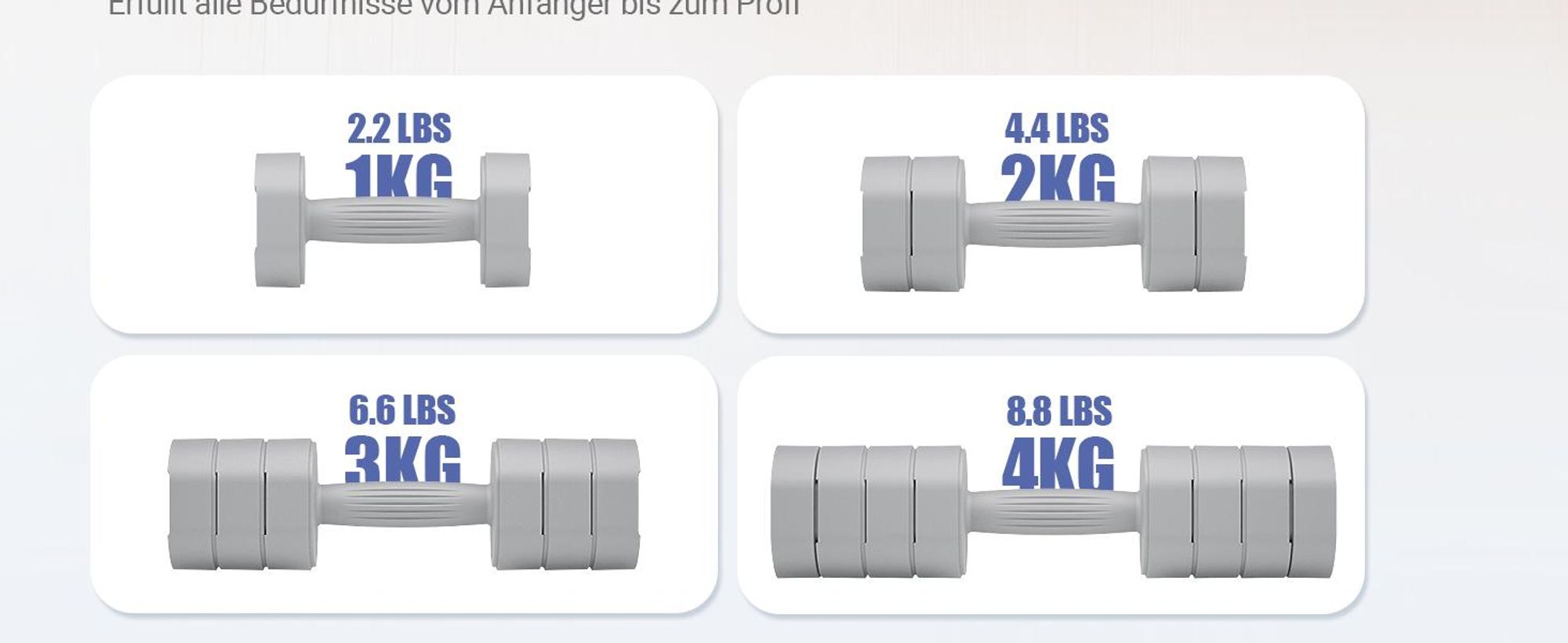 Verstellbare 4-in-1 Kurzhanteln 2er Set (1–4 kg) – Fitness Dumbbells für Zuhause & Home Gym, Krafttraining & Geschenkidee, grau