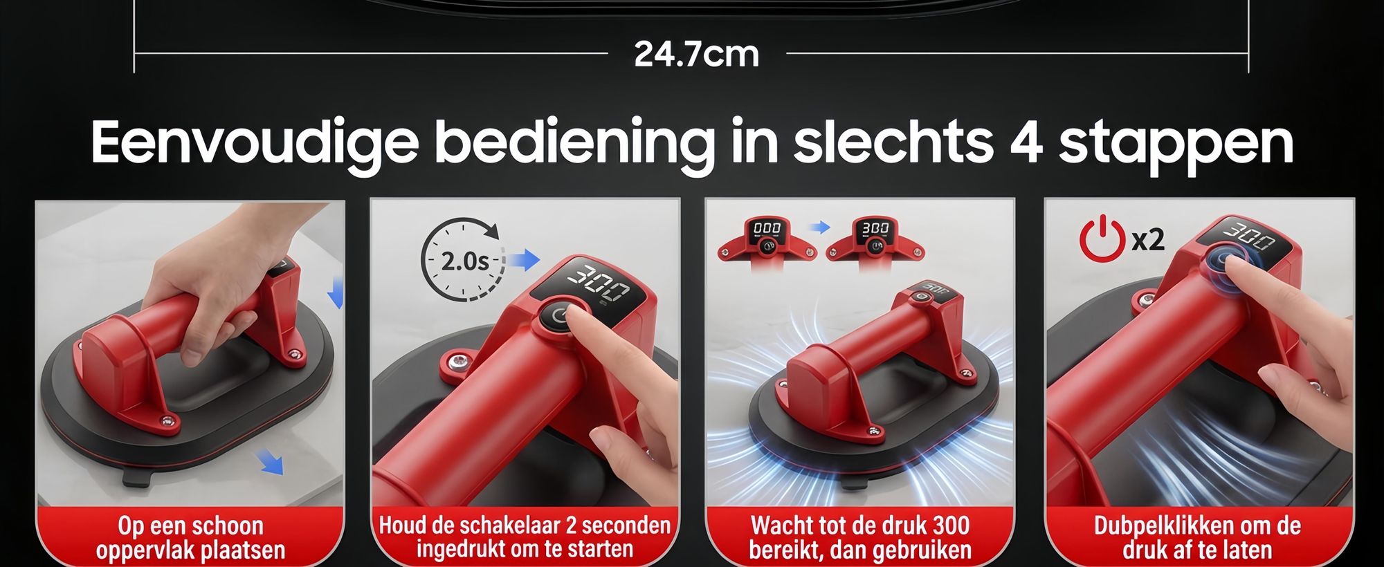 Accu Vacuümheffer 300 kg, 10" Elektrische Zuignap met Digitaal Display & Automatisch Bijpompen, voor Tegels, Glas & Steen
