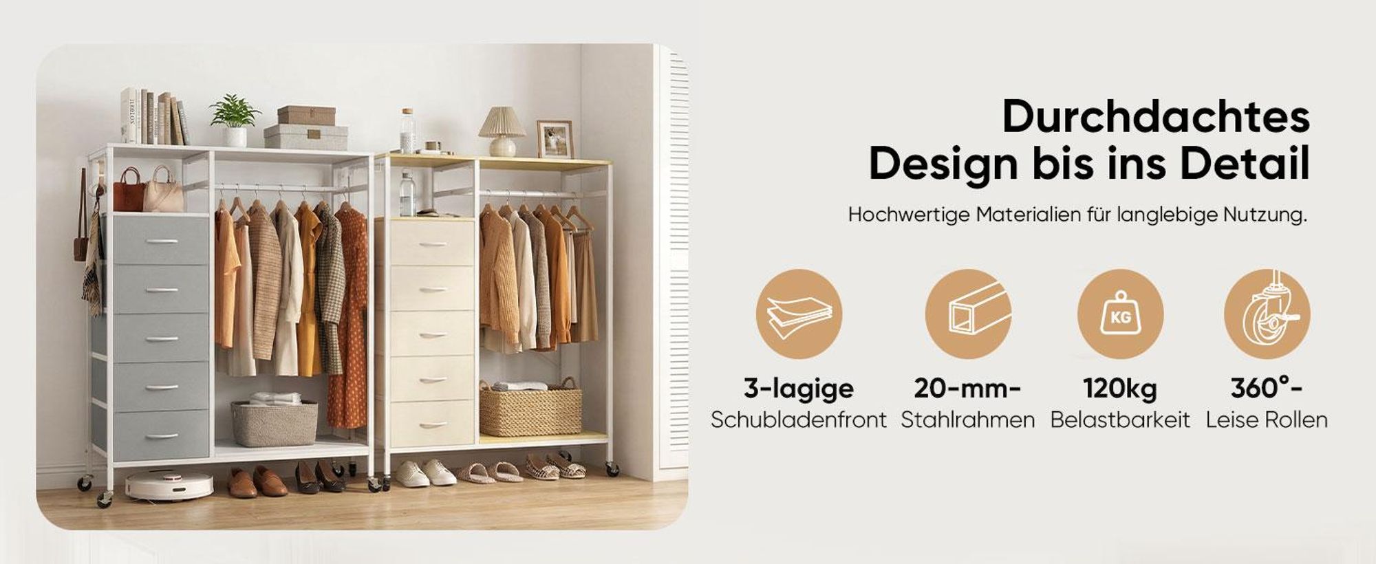 HOKEEPER Kleiderständer,Offener Kleiderschrank,Kleiderständer auf Rollen,Kleiderstange,Fahrbarer Kleiderständer mit Schubladen,Clothes rack,Haken,Grau