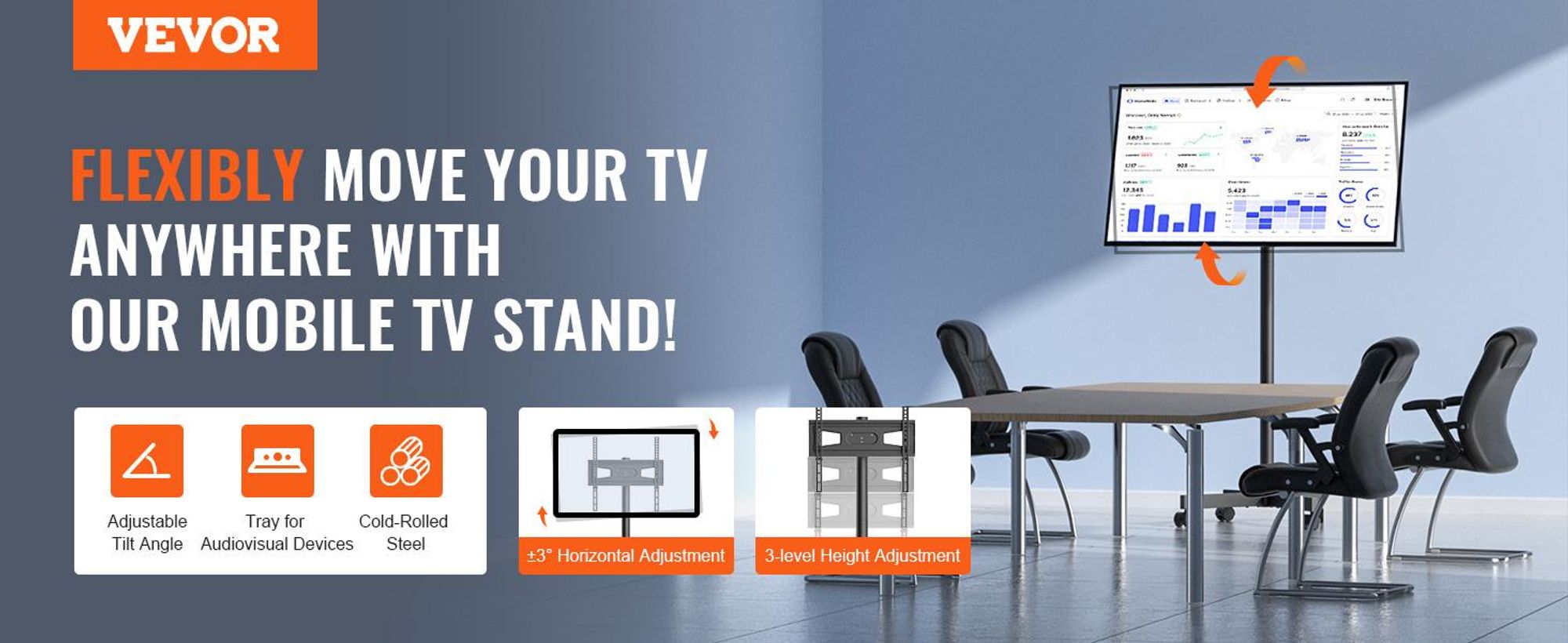 VEVOR Mobiler TV-Ständer, Mobiler TV-Wagen für 32 bis 70 Zoll Fernseher, Höhenverstellbarer Tragbarer TV-Ständer mit Rädern, Doppelschale für audiovisuelle Geräte, Rollender TV-Ständer mit Halterung für Schlafzimmer, Wohnzimmer, 58,4-152,4 cm, Rollende-a