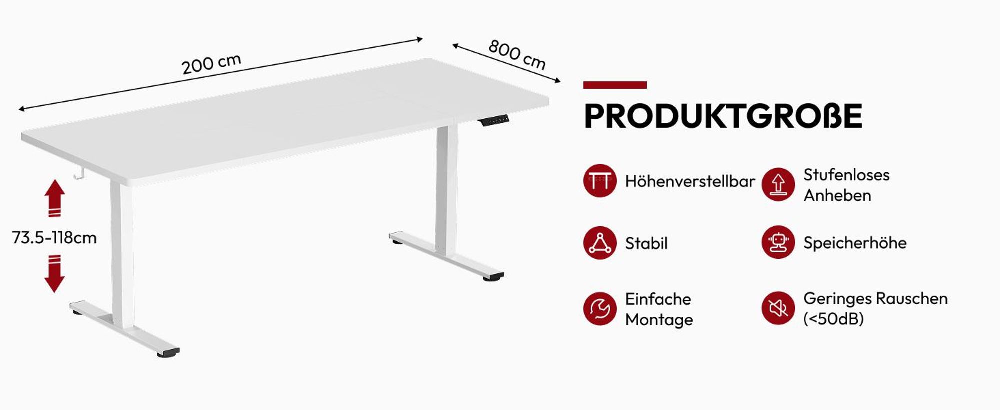 SANODESK Höhenverstellbarer Schreibtisch 200x80cm elektrisch 4 Memory-Funktion, Antikollisionsschutz, 70kg Tragkraft, mit Haken und Ablagebox (Weiß)