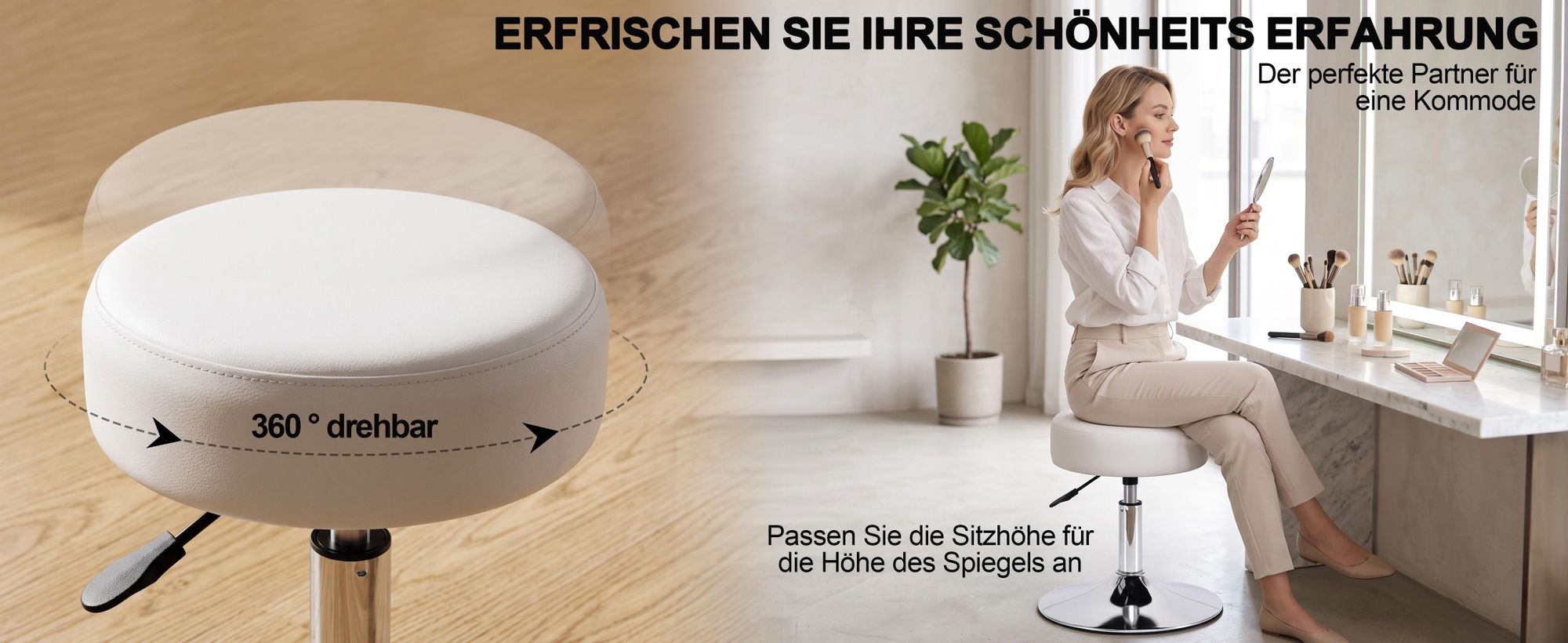 Duhome Drehhocker Schminkhocker Sitzhocker mit Polsterung Höhenverstellbar Drehbar aus Kunstleder, Weiß
