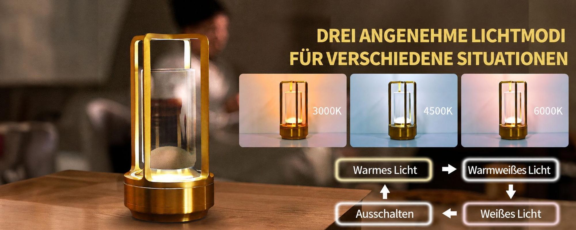Tragbare Metall-Tischlampe für Innen/Außen, Wiederaufladbare Kabellose LED-Lampe, 3-Farben Stufenlos Dimmbar,Restaurant/Schlafzimmer/Bar/Campinglicht