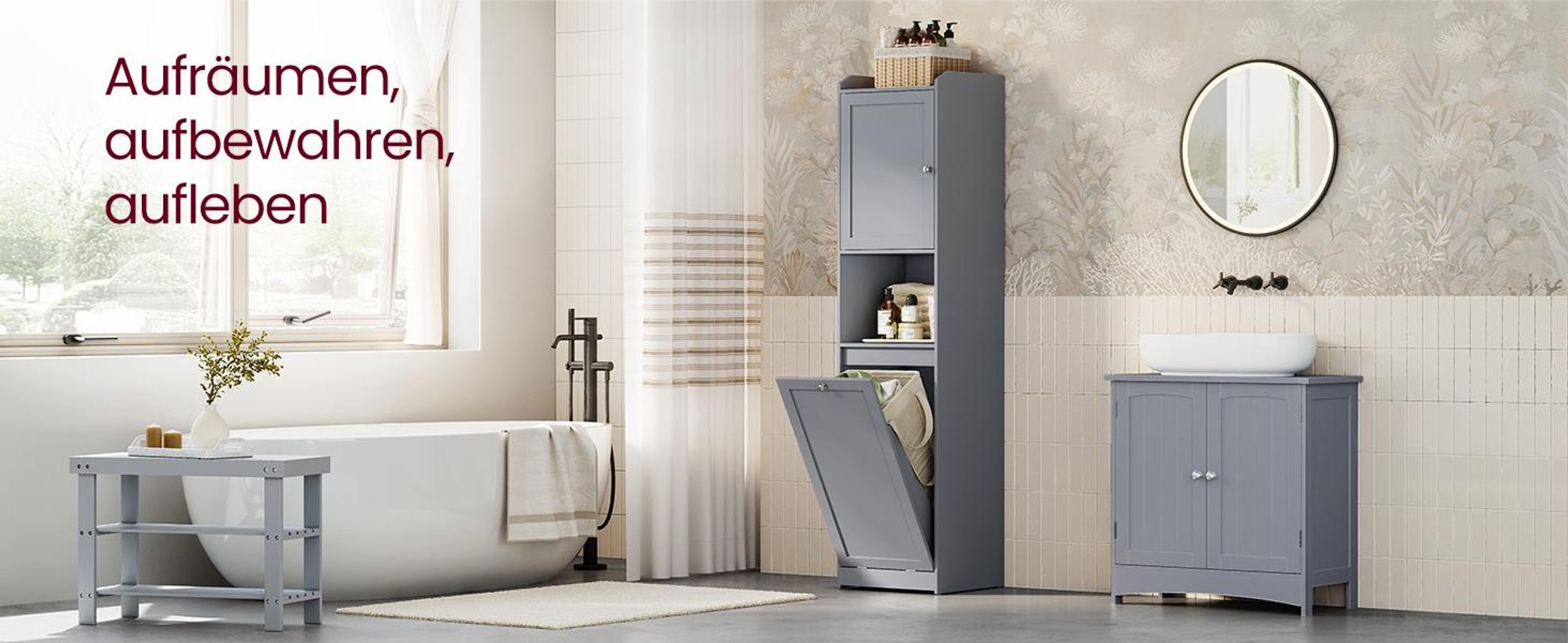 VASAGLE Badezimmerschrank mit Wäschekorb, hoher Badschrank, herausnehmbarer Wäschesack mit Griffen, mit Tür, verstellbare Ablage, 40 x 40 x 170 cm