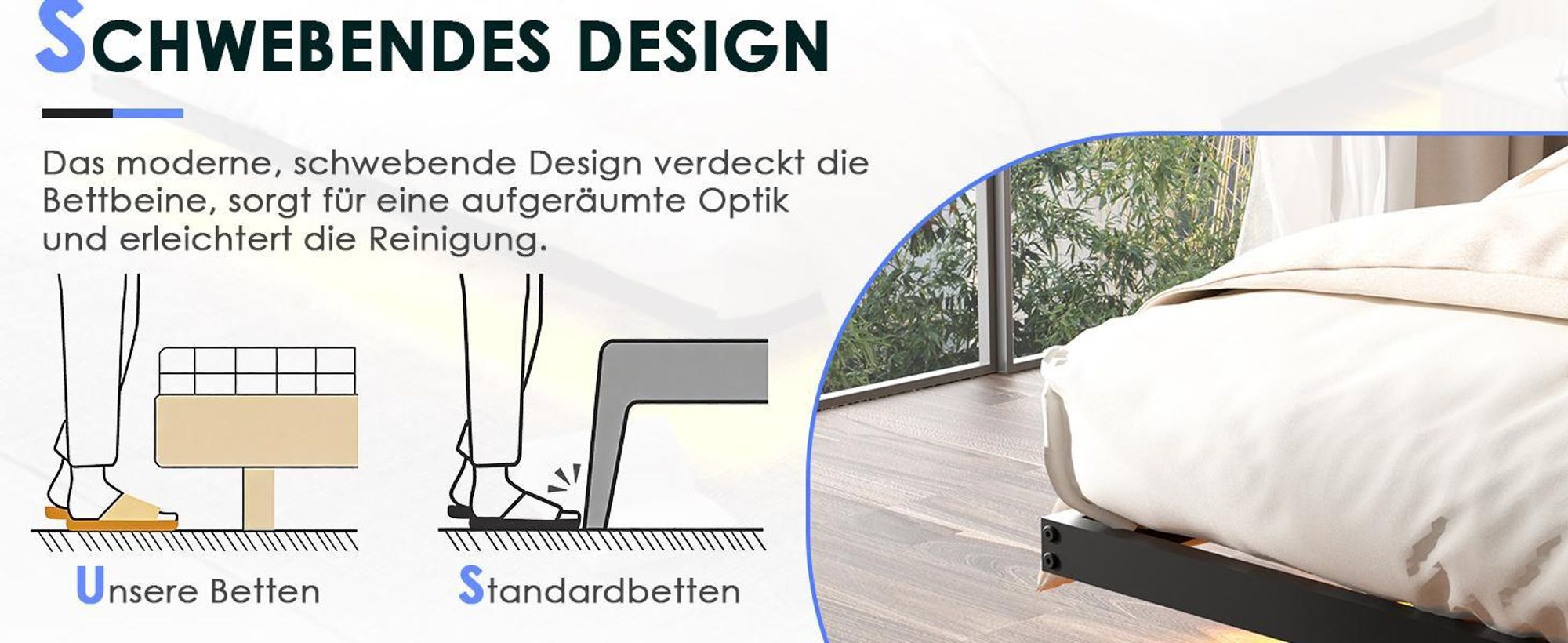 DEWINNER 180 x 200 cm Bettgestell (inkl. Metall-Bettbrett), schwebendes Doppelbett mit LED-Beleuchtung, stabiles Metall-Bettbrett, 20 cm Stauraum