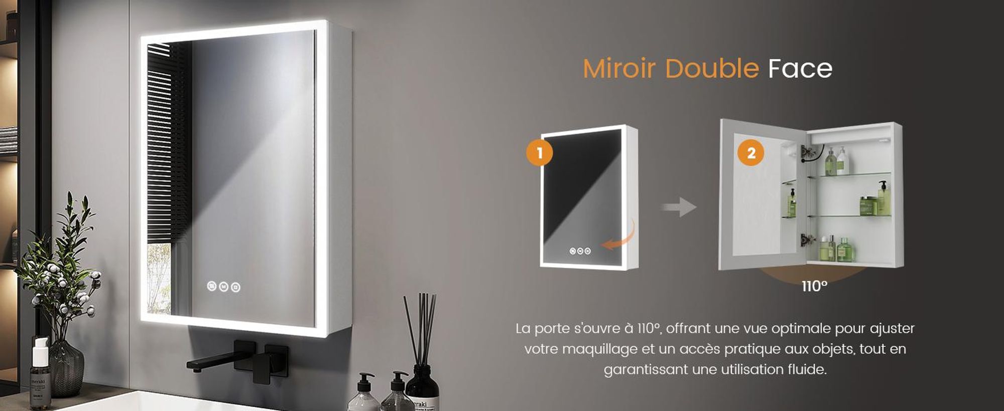 EMKE Armoire de toilette avec éclairage 145 x 500 x 700 mm Armoire de toilette LED avec antibuée et prise de courant, 3-couleurs gradable - 1 porte Armoire de salle de bain