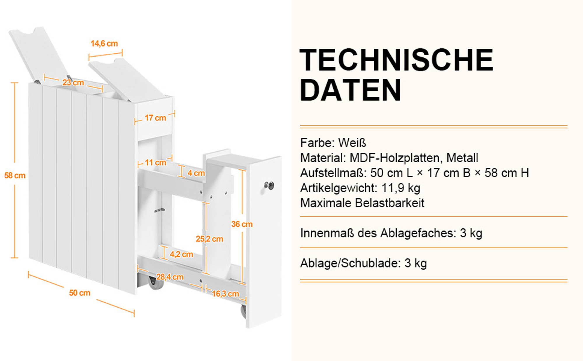 Yaheetech Nischenschrank 17 cm schmaler Badschrank mit Rollen Beistellschrank Seitenschrank