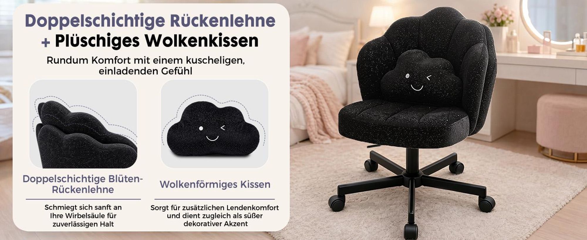 COMHOMA Schreibtischstuhl Bürostuhl, Schminkstuhl mit Rollen Rückenlehne und Wolkenkissen, Höhenverstellbarer Drehstuhl, Schimmernde Chenille, Schwarz