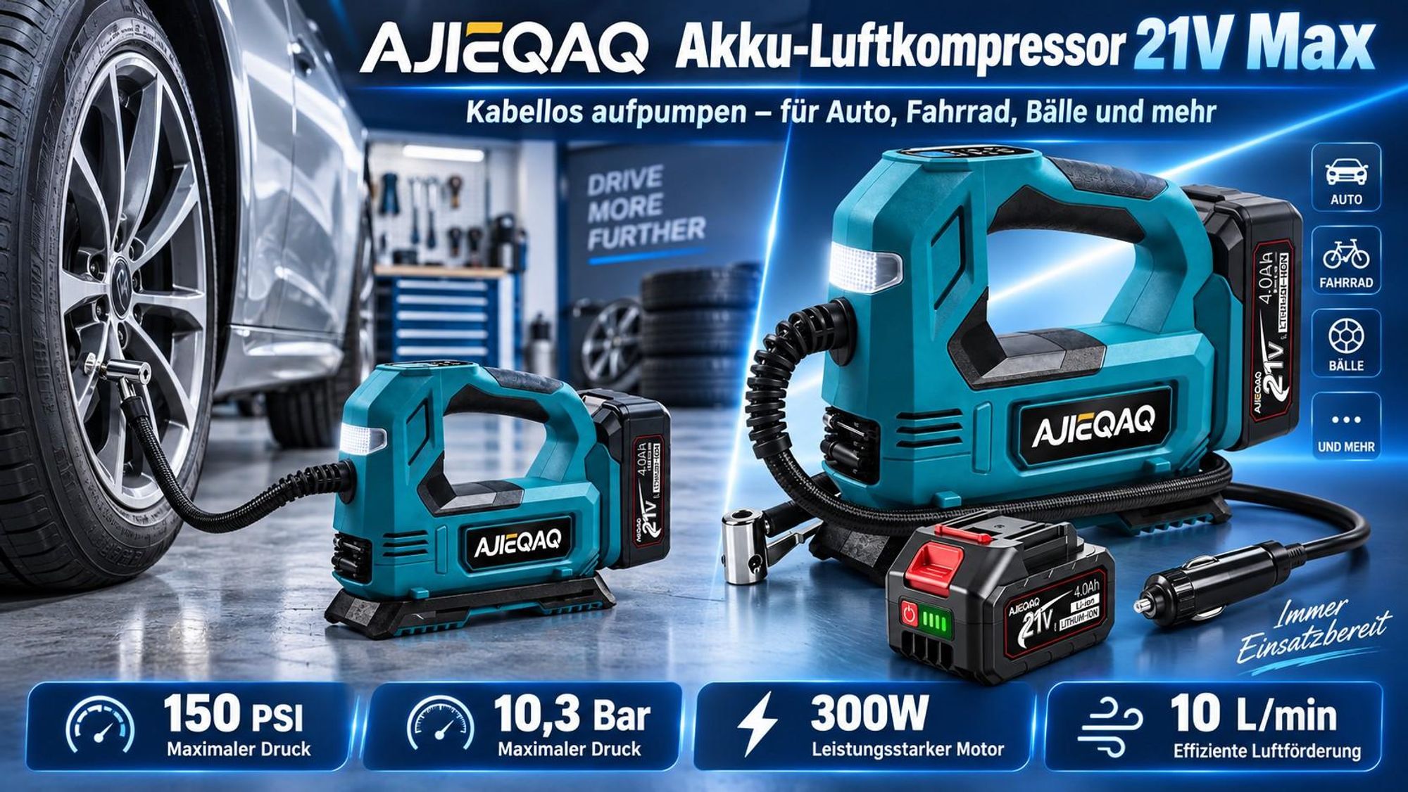 Akku-Luftkompressor 21V 4,0Ah, 150 PSI Reifenfüller mit Auto-Stopp, 12V Kfz-Anschluss, LED, SOS, für Auto, Motorrad & Fahrrad