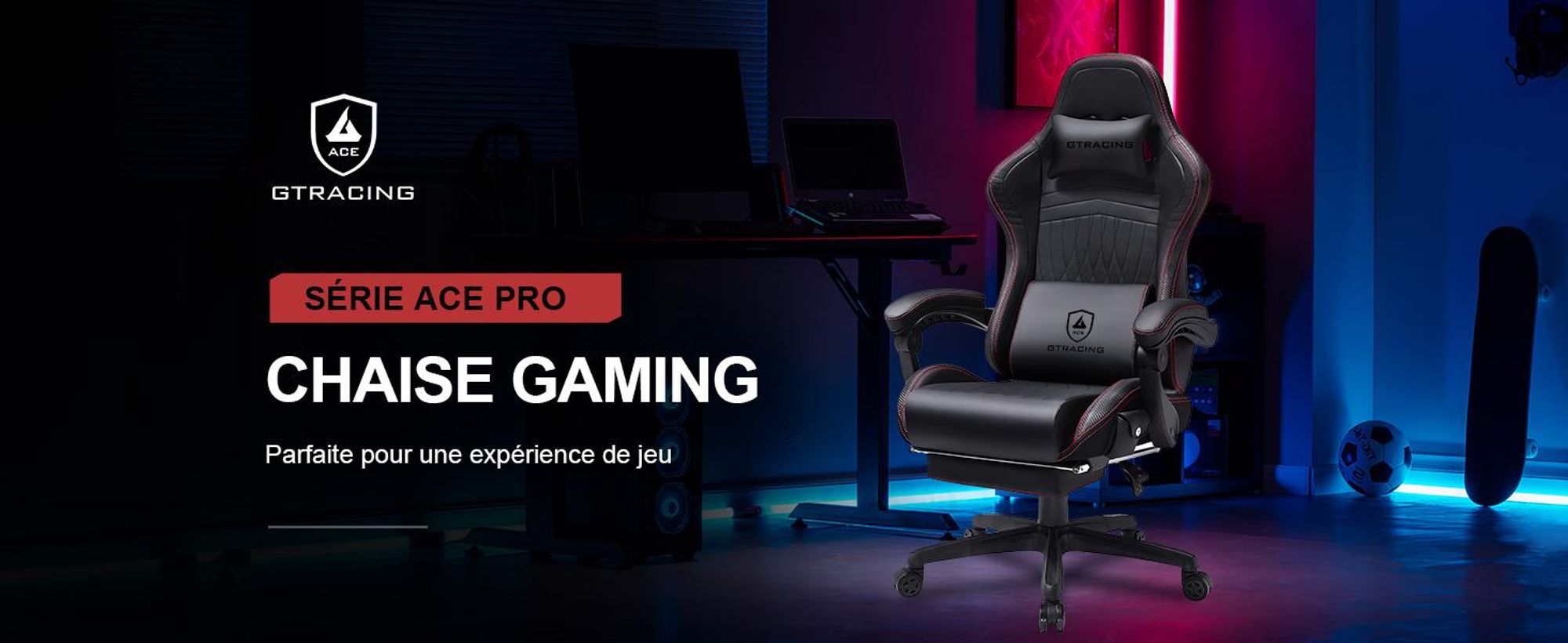 GTPLAYER Chaise de jeu ACE PRO, Chaise de bureau ergonomique Accoudoirs inclinables Avec repose-pieds, Haut-parleur Hi-Fi, Atmosphère sonore impressionnante, Vin rouge