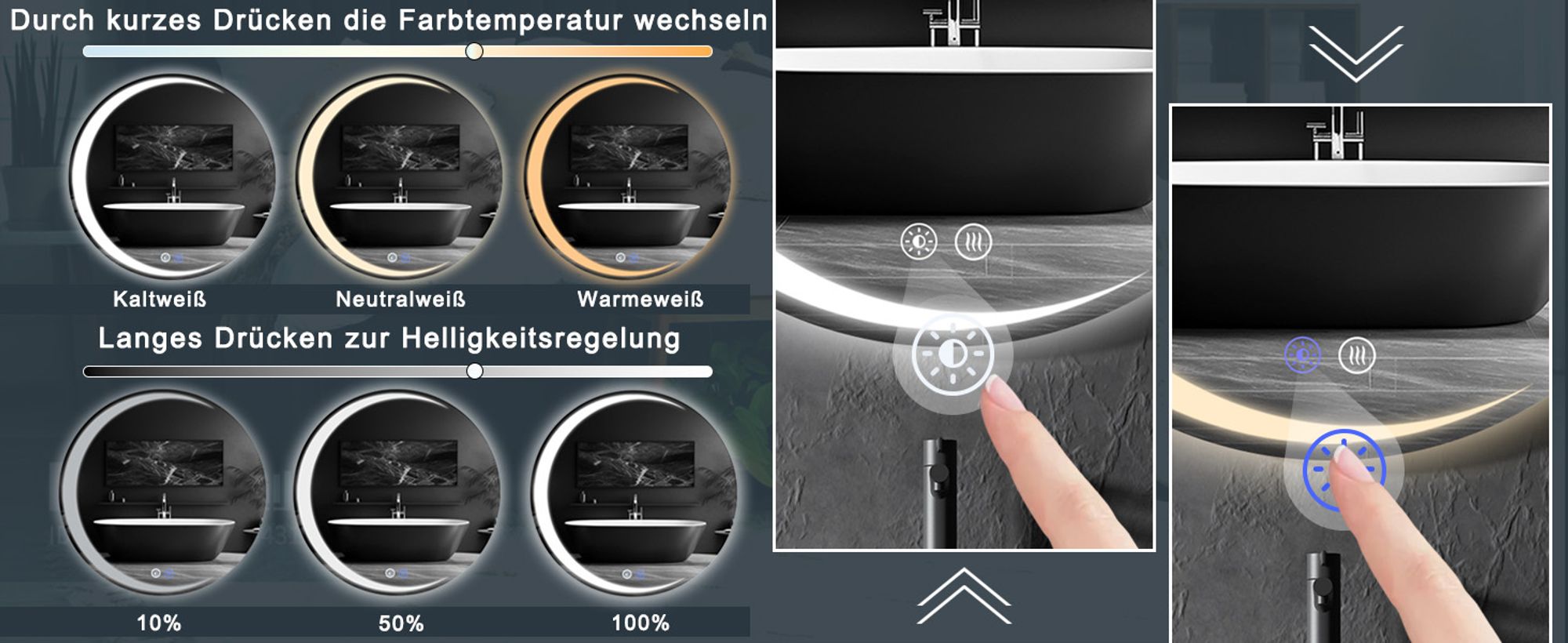 ZMH Spiegel mit Beleuchtung spiegel Wandspiegel Rund 60cm LED IP44 Runder spiegel mit Touch Schalter und Entfogger Funktion Spiegel mit Licht Dimmbar für
