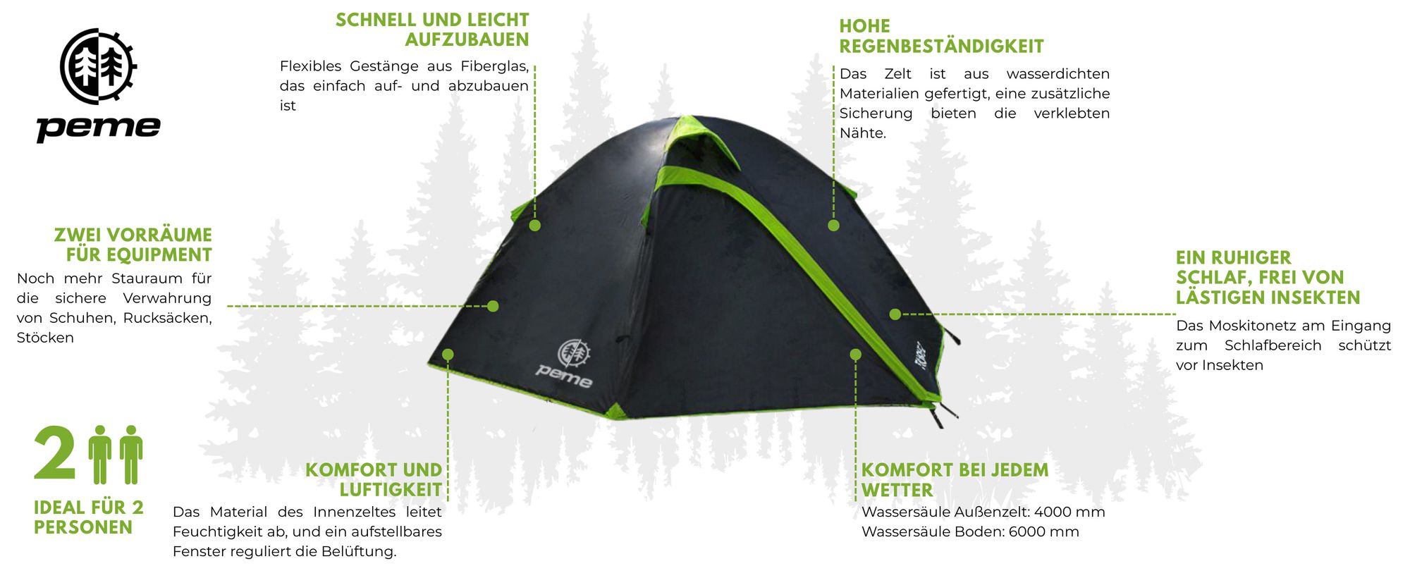 PEME Taurus 2 Personen Zelt Campingzelt Kuppelzelt Trekkingzelt Wasserdicht 4000 mm Igluzelt 2 Eingänge Festivalzelt Outdoor Tourenzelt Backpacking