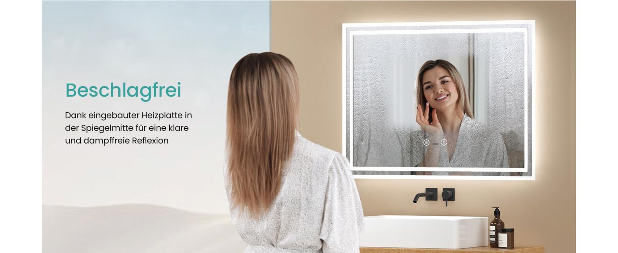EMKE LED Badspiegel mit Bewegungssensor 70x50cm mit Touch, Beschlagfrei, 3 Lichtfarbe dimmbar, 1 Stunden automatische Abschaltung IP44 energiesparend
