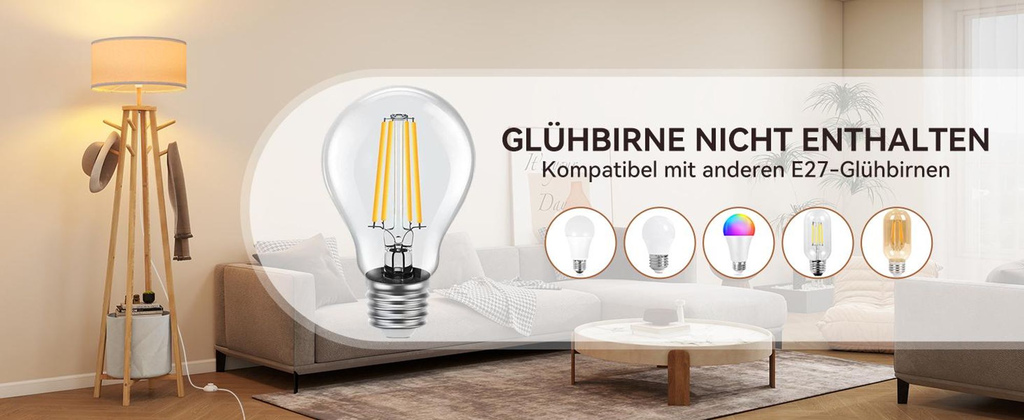 Puluomis Stehlampe mit Garderoben-Ständer 176cm, 8 Haken & Stauraum, Leinen Lampenschirm E27 Fassung, Fußschalter, Für Wohnzimmer beige