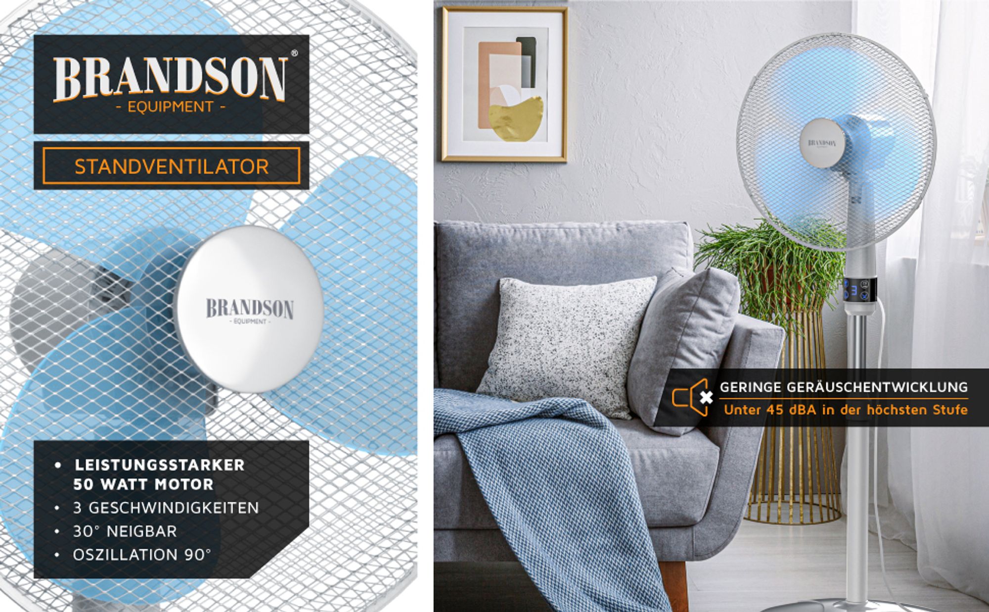 Silberner Standventilator mit blauen Rotorblättern neben grauem Sofa im modernen Wohnzimmer