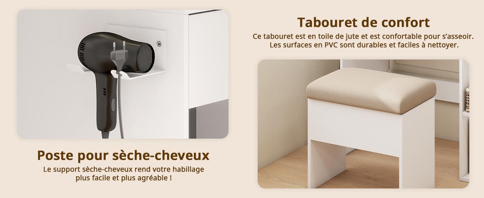 Table de maquillage Puluomis avec éclairage LED réglable, table de coiffure avec tiroir, support pour sèche-cheveux, ports USB et prises, plateau en verre, tabouret avec rangement, couleur blanche