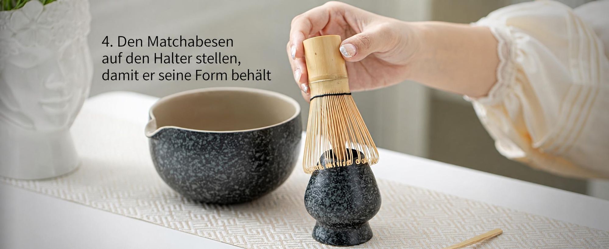Matcha Set, 7-tlg. Komplettset, Matcha Schale mit Ausgießer, Bambus Besen, Zubehör für Matcha Zeremonie, Naturmaterialien, Geschenkidee