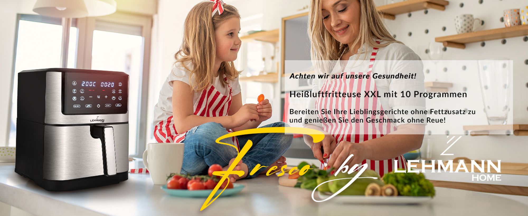Lehmann 8L Heißluftfritteuse mit 10 Kochprogrammen, 1800 W Air Fryer mit Digitalem LED-Touchscreen und Timer, bis zu 200 °C, gesundes Essen ohne Öl