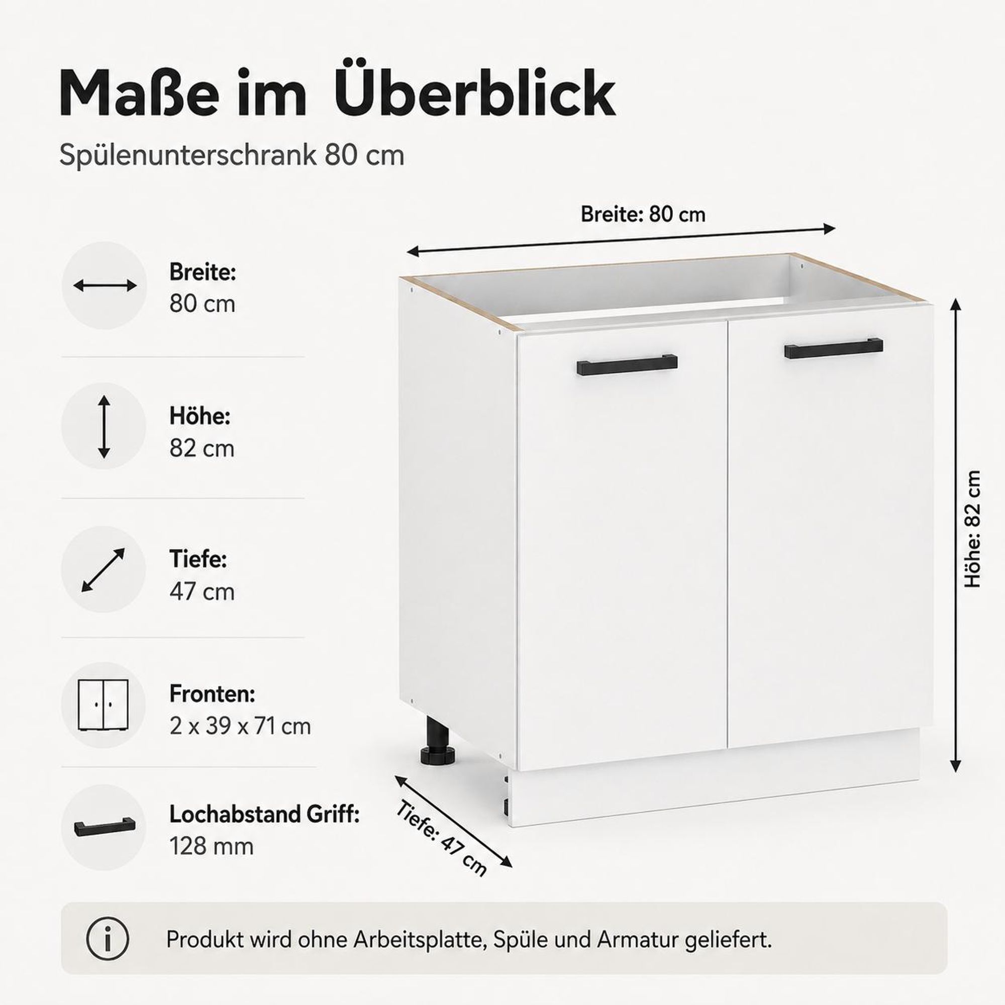 Spülenunterschrank 80 cm Weiß Matt: Maße im Überblick, 80x82x47 cm & Fronten.