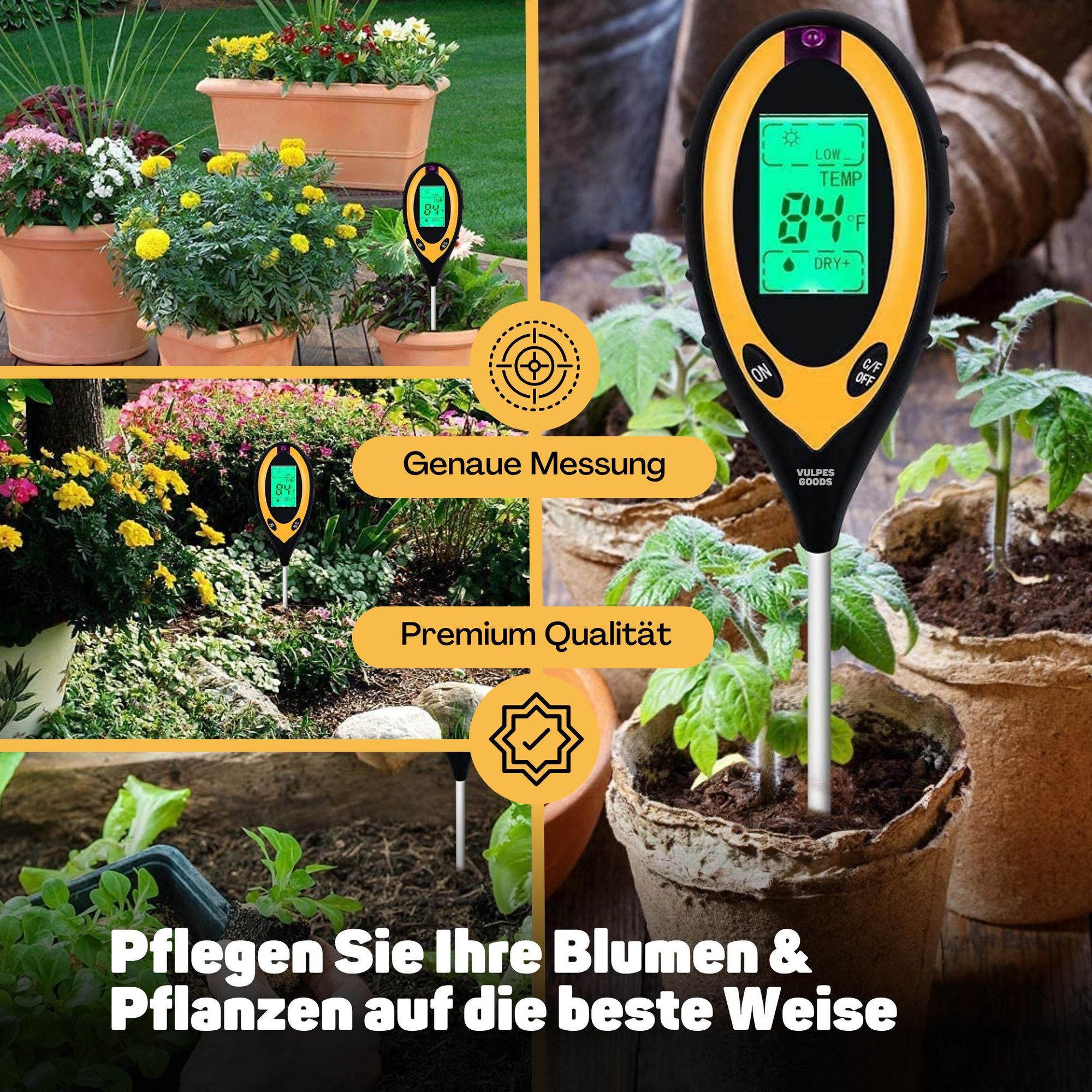 Vulpes Goods Bodenfeuchtigkeitsmessgerät, Für Pflanzen, 4-in-1, Thermo- und Feuchtigkeitsmesser, Innen und Außen, pH Licht, Boden testen, Mit Batterie
