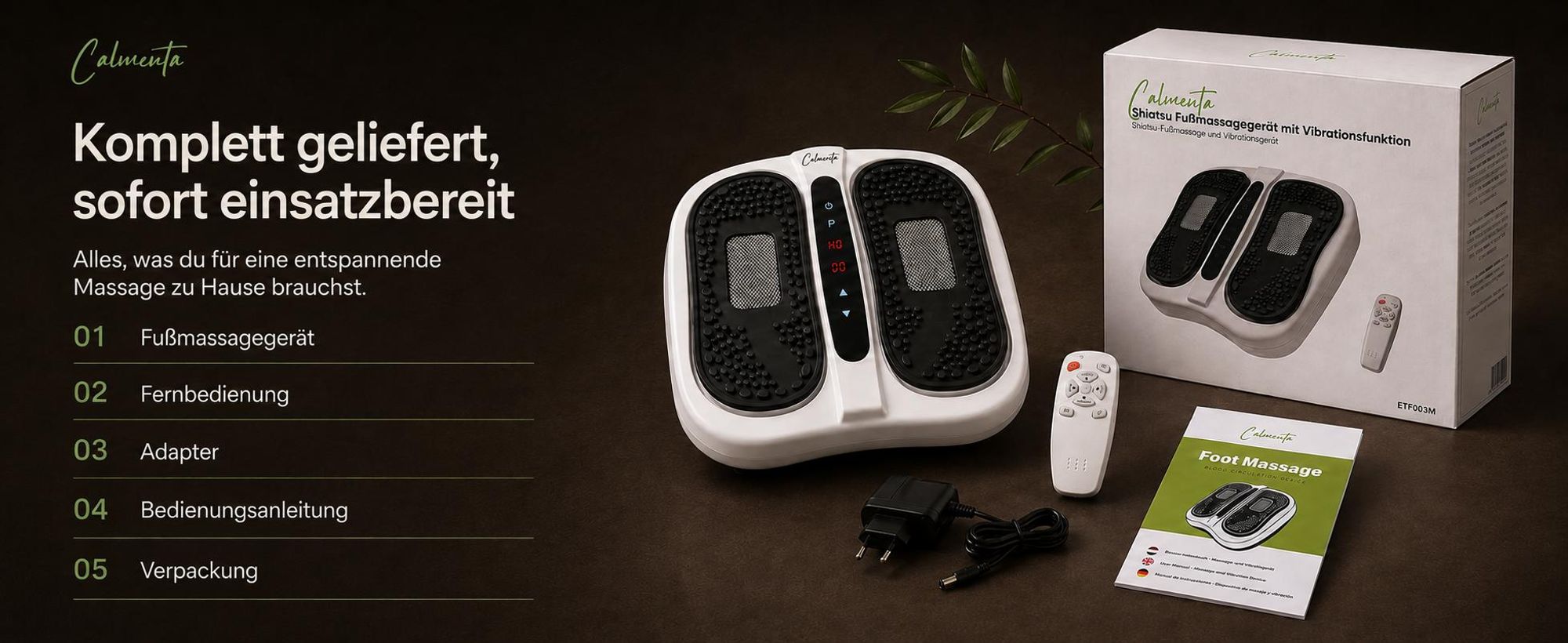 Lieferumfang: Fußmassagegerät, Fernbedienung, Adapter und Bedienungsanleitung